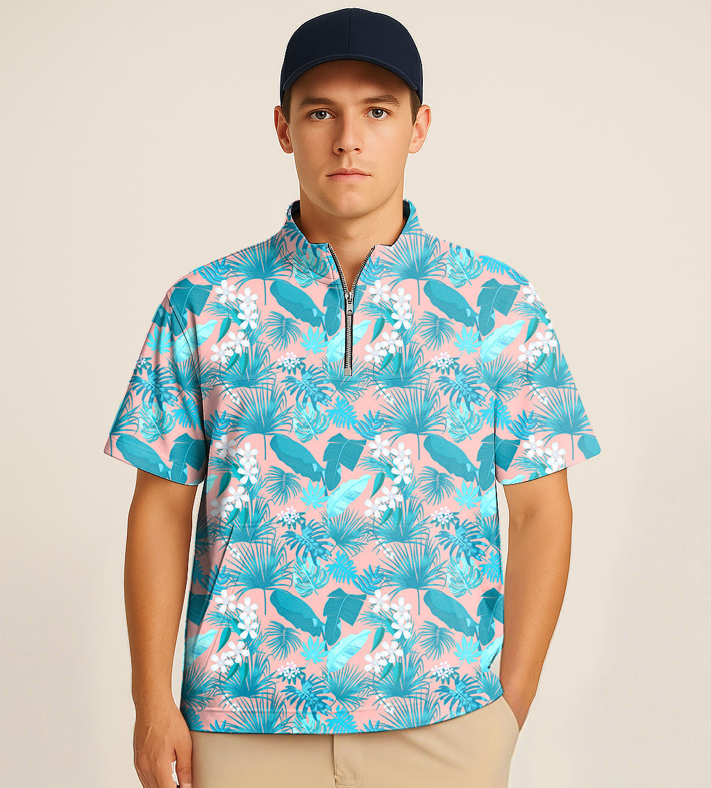 Men's half zipper turtleneck golf shirt with tropical print and limited edition embroidery