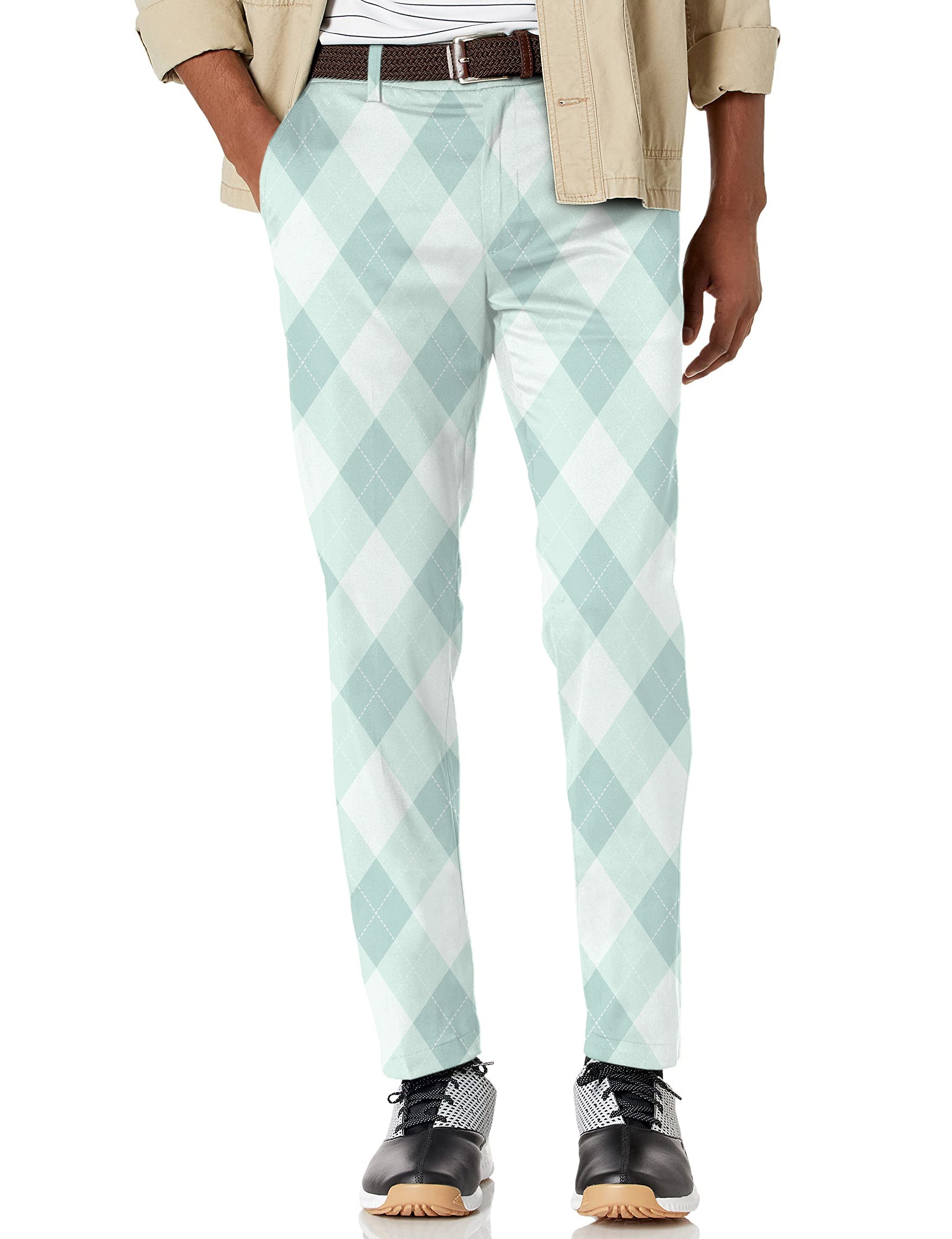 Men's green argyle stretch golf pants with moisture-wicking fabric and classic pockets