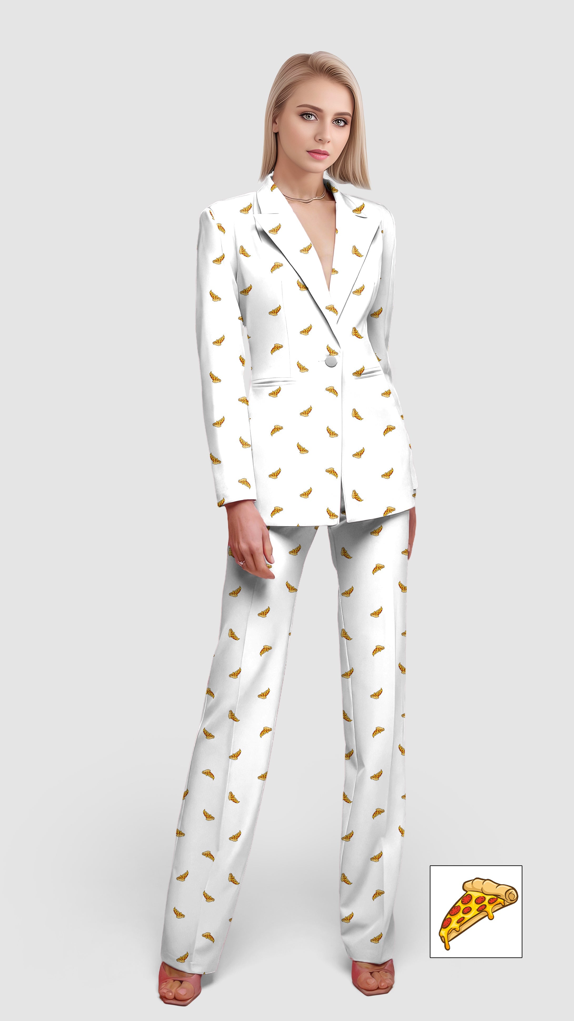 Women's white blazer and pants suit set with custom pizza slice print, casual office wear.