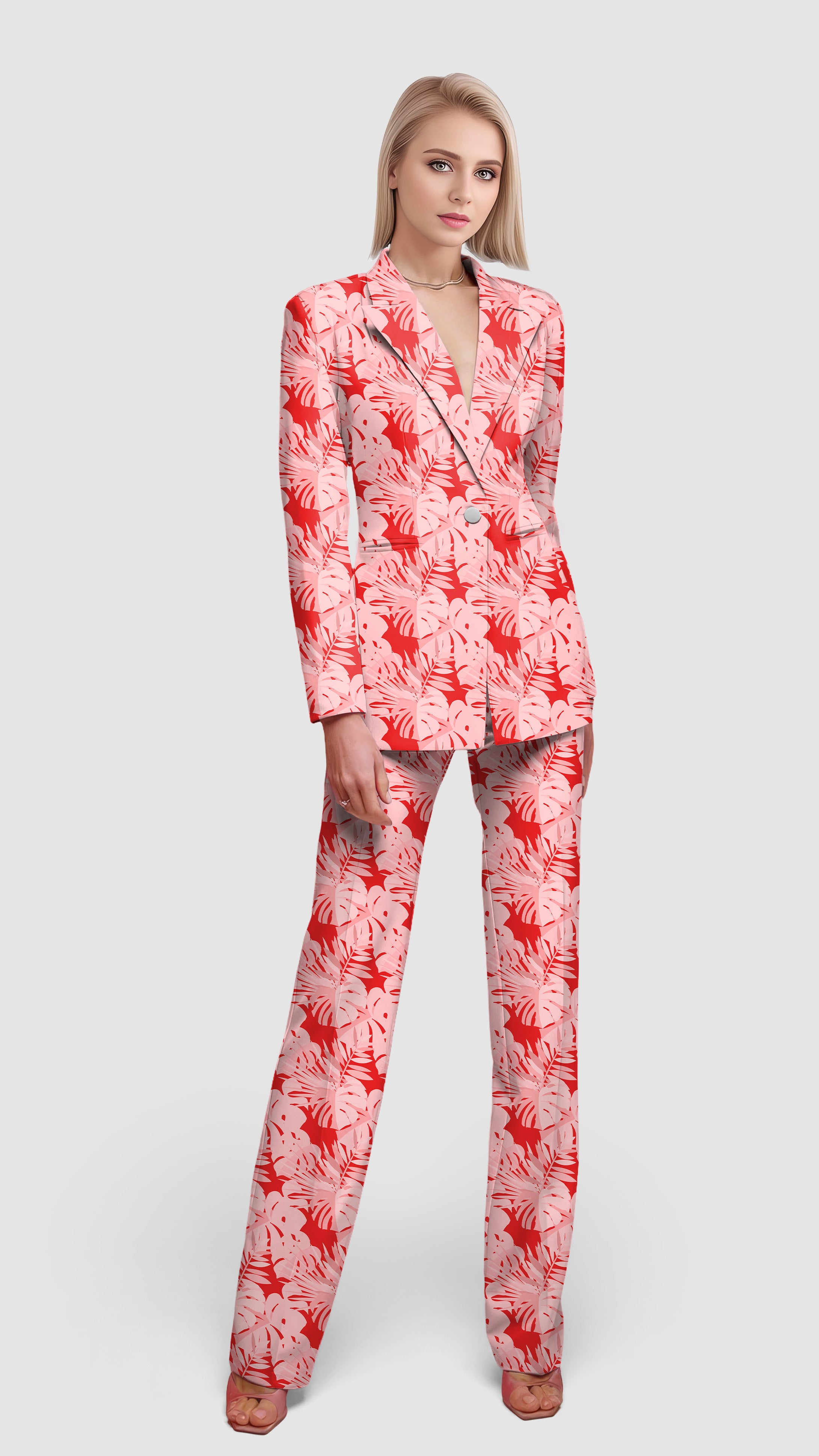 red tropical leaves and plants Women's Blazer Casual Work Office Blazer Suit set