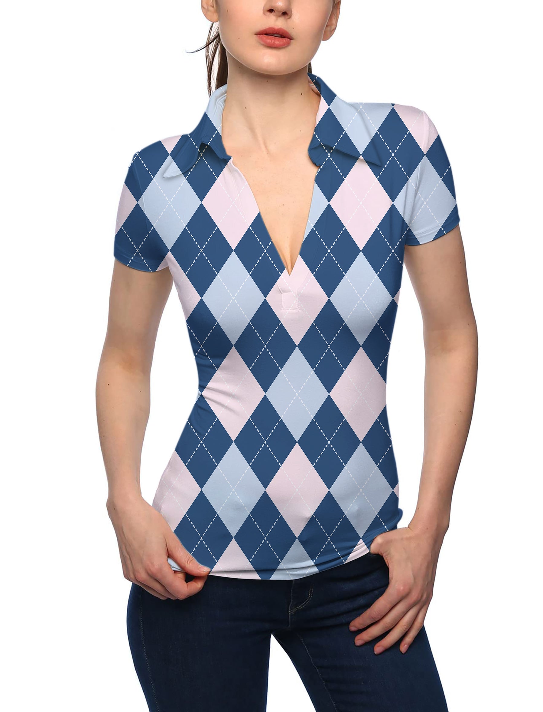 Women's blue Argyle V Neck Golf Polo