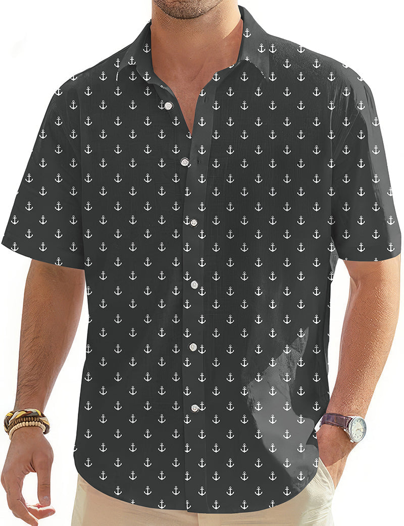 Black Anchor Men's Golf Hawaiian Shirt with button-down front and anchor pattern in black color