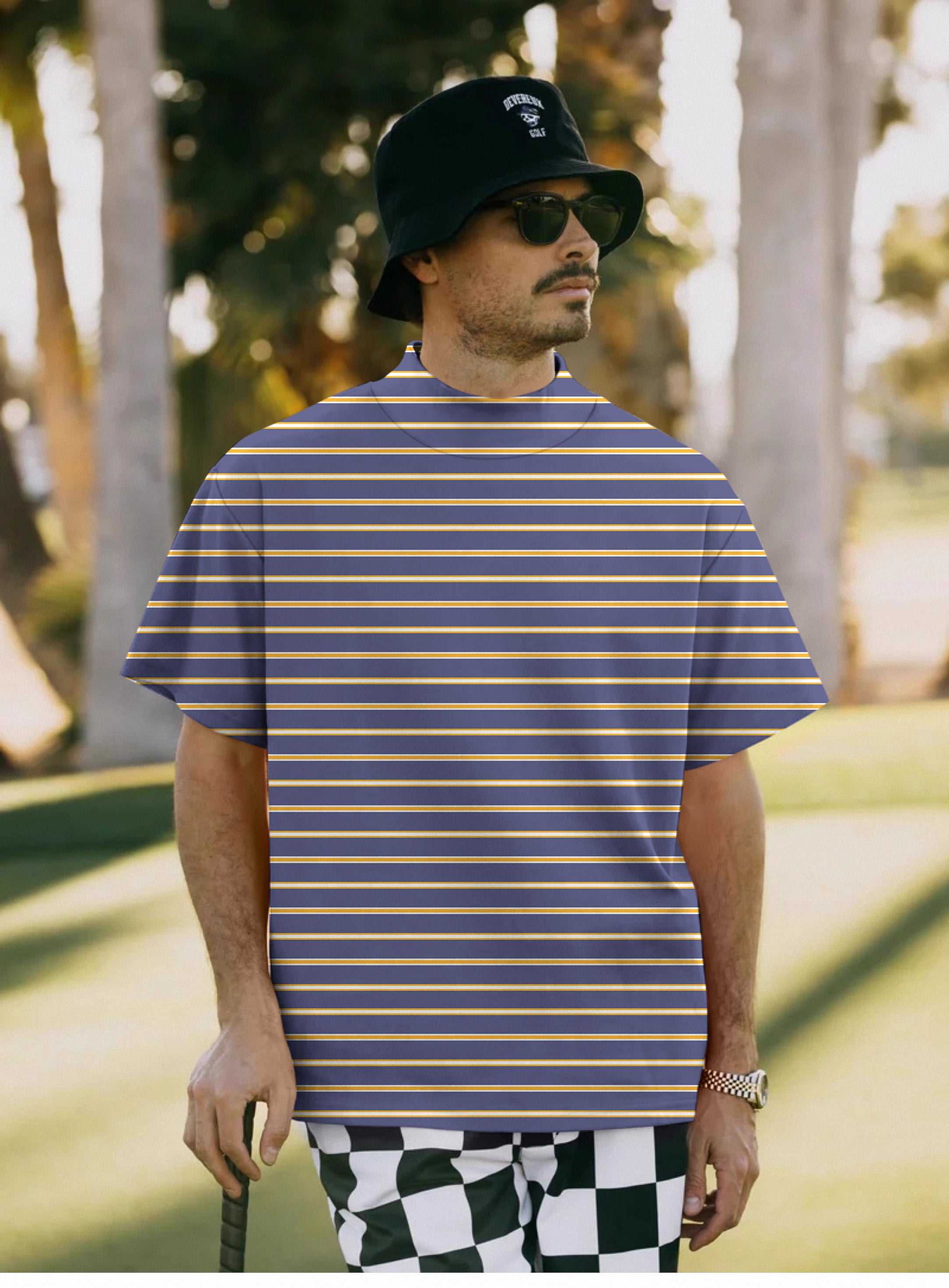 Men's Navy blue and orange stripes Pullover High neck Long/Short sleeve T-Shirt limited edition