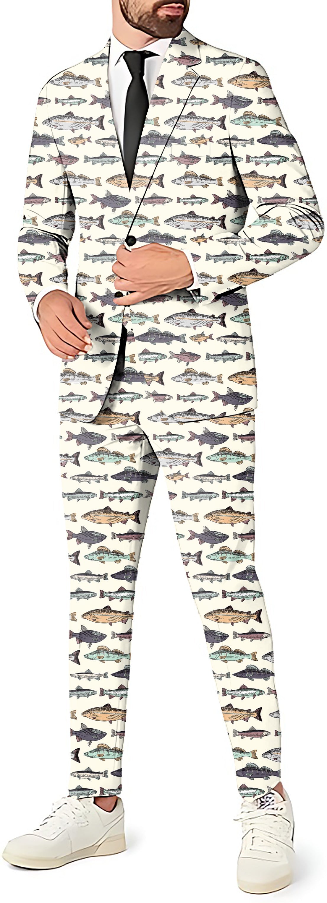 Man wearing Master Baiter men's party costume suit with fish pattern blazer, pants, and vest