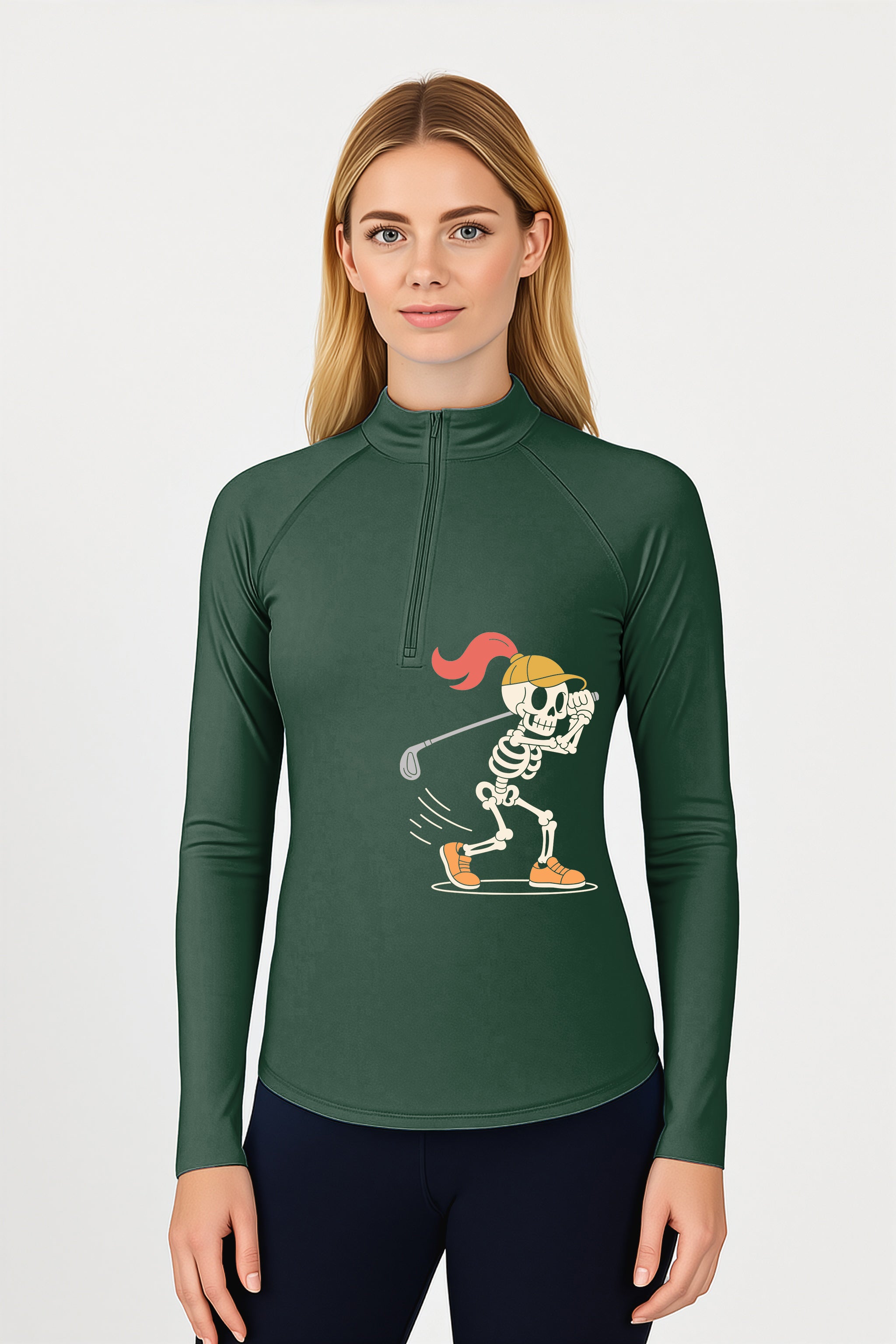 Pumpkin green Halloween women's golf active 3/4 zip top with skeleton golf design
