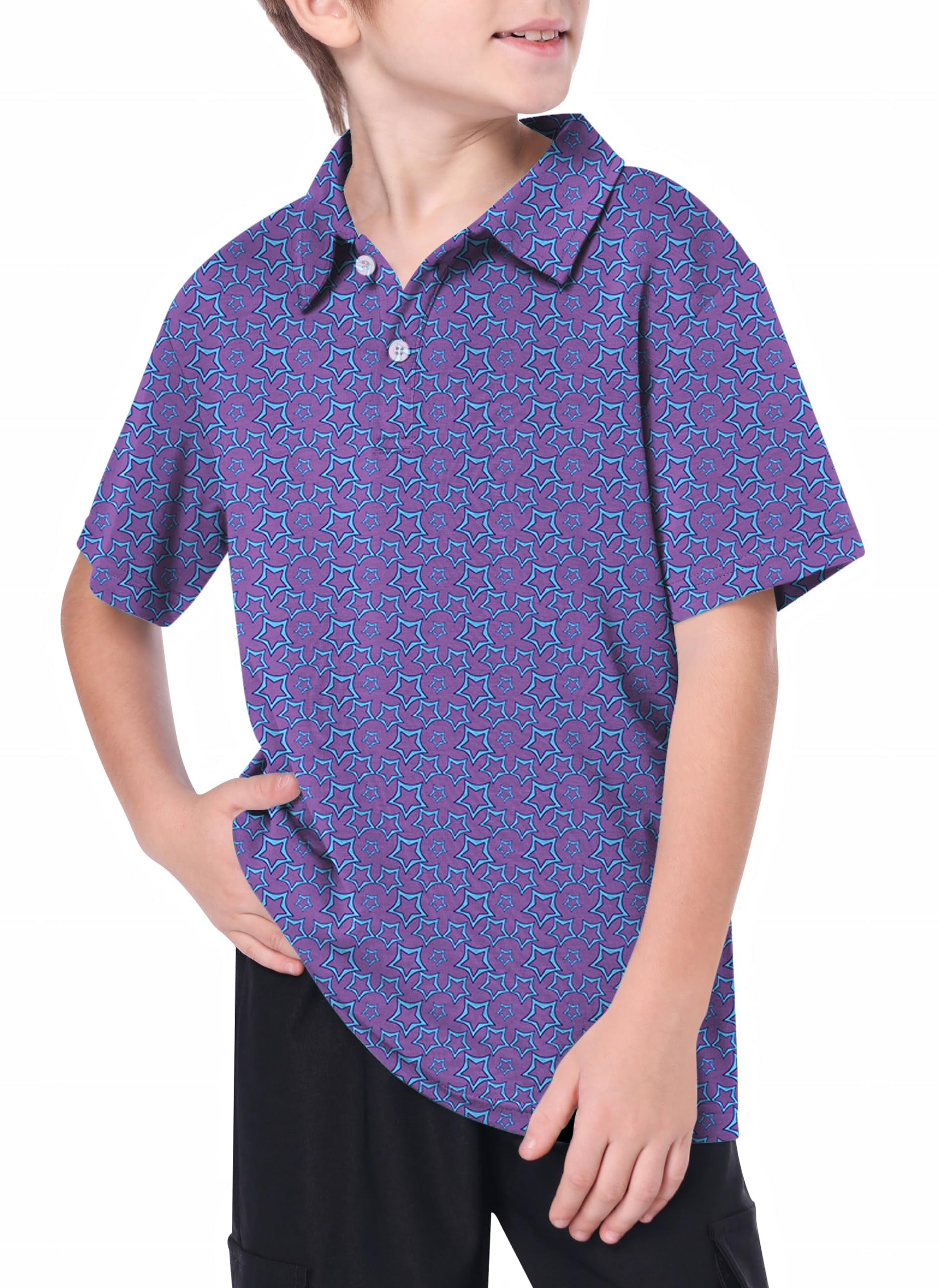 Youth Blue Star limited edition golf polo shirt for youth with blue star pattern, 4-way stretch, moisture-wicking, and UPF 40+ protection