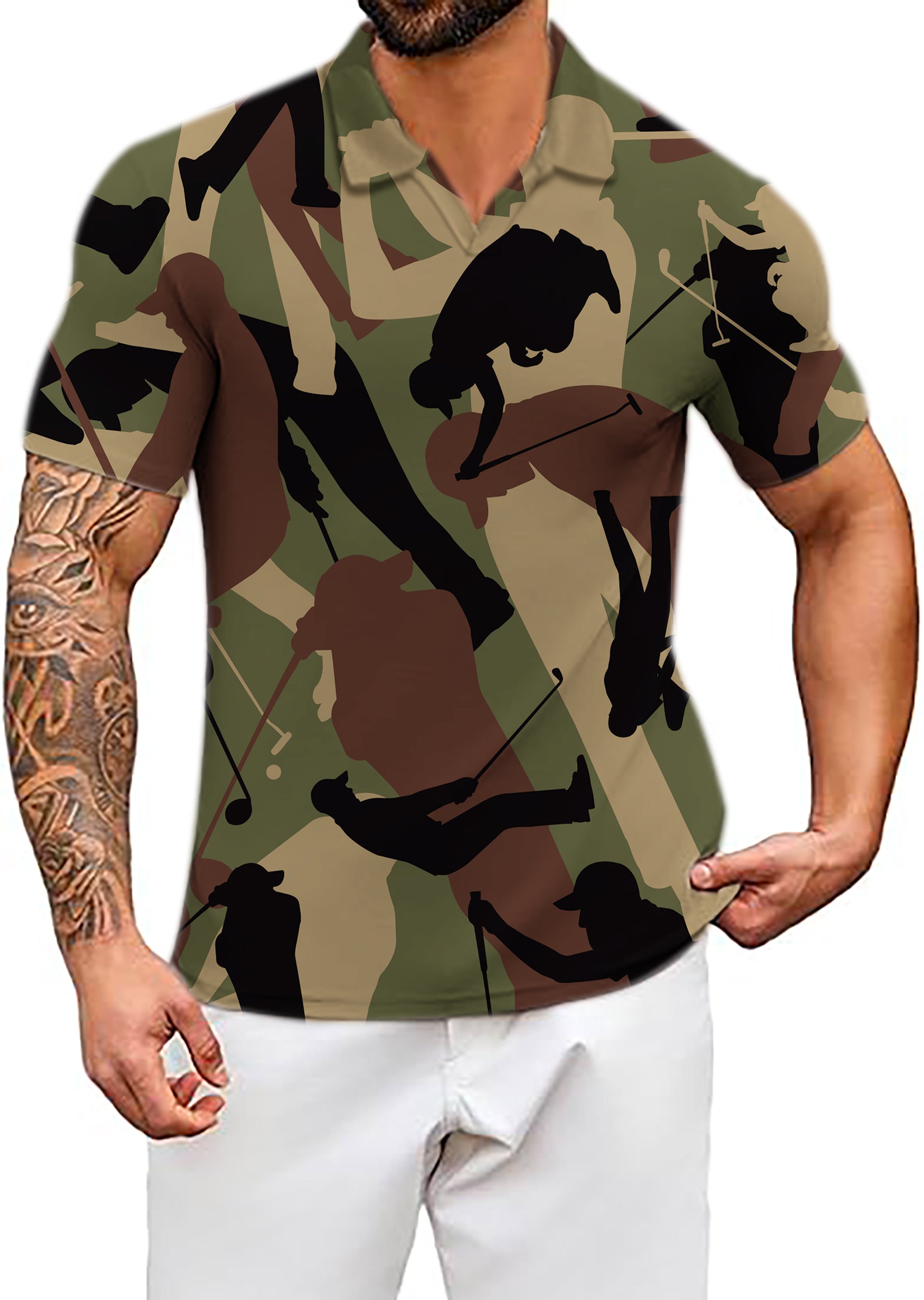 Men's Coconut Palm army green V neck golf polo shirt with camouflage print and stretch fabric