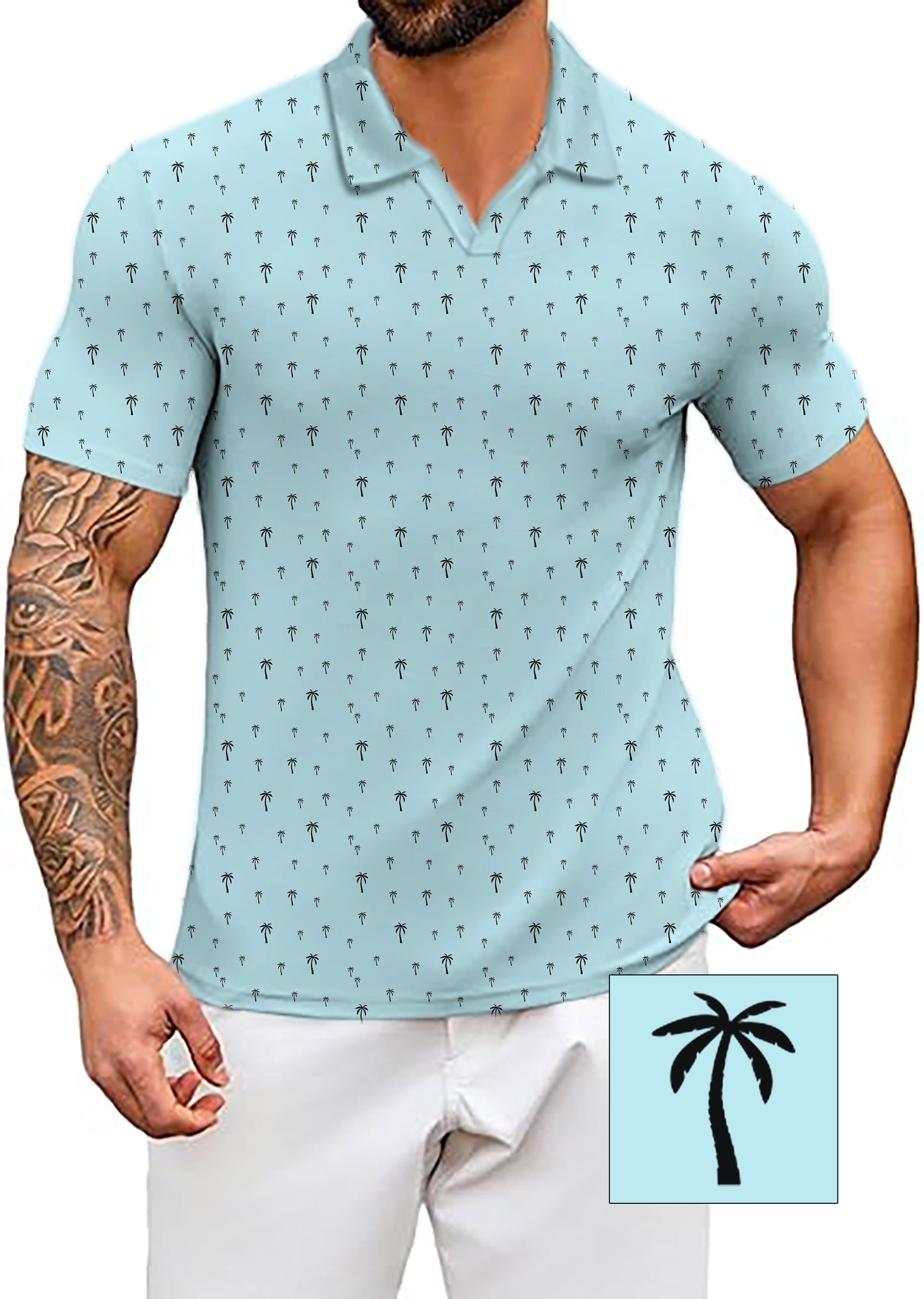 Men's Coconut Palm light blue palm V Neck Golf Polo Shirts Custom The Background Color