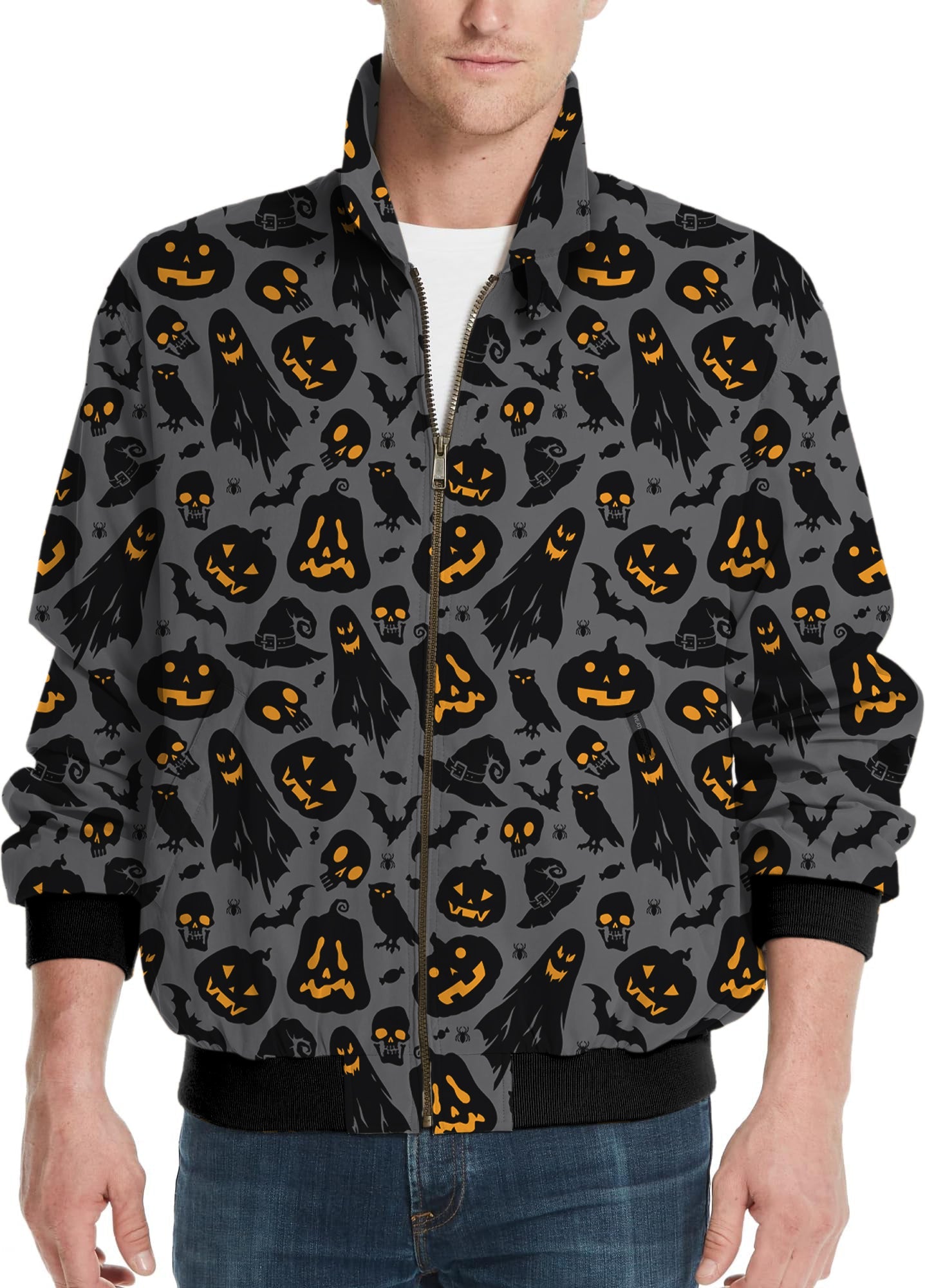 Spooky Halloween men's golf windbreaker jacket with pumpkin and ghost pattern