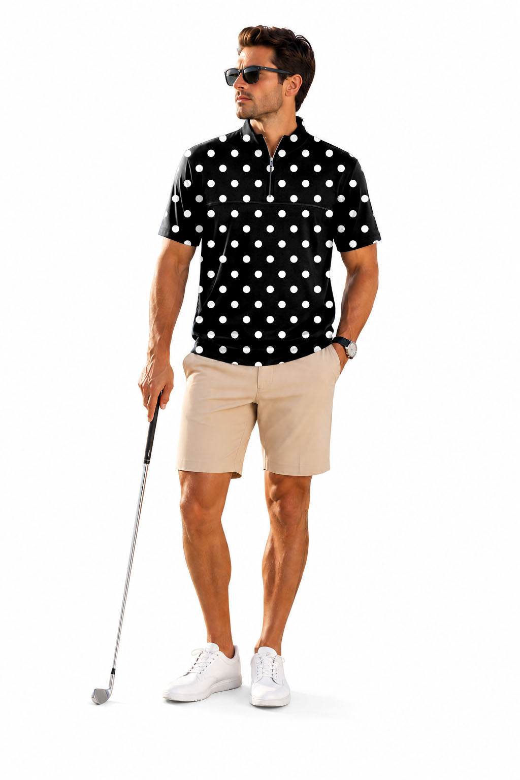 Men's Short Sleeve Quarter Zip Golf Pullover Pink Polka Dots Embroidery