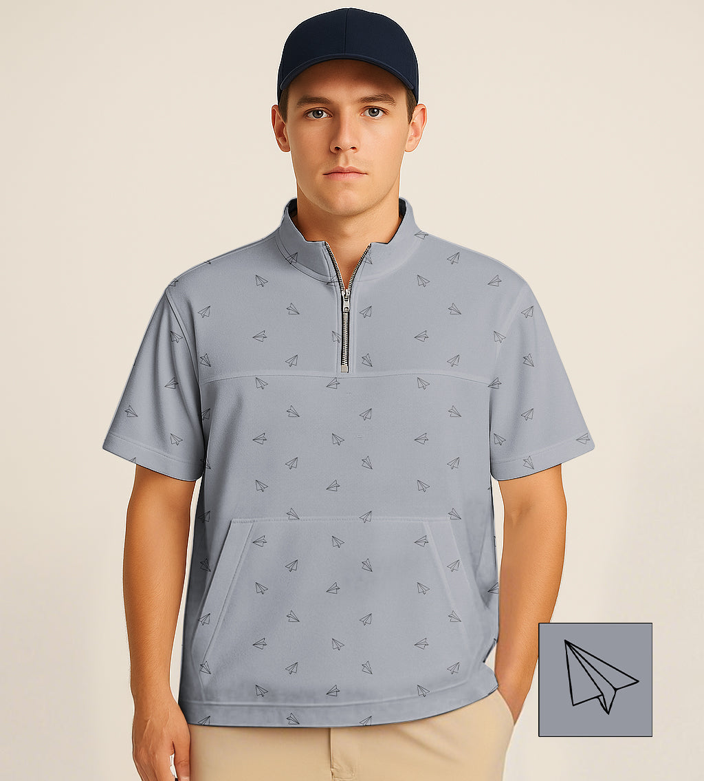 Half zipper turtleneck golf shirt with paper airplane pattern and custom embroidery