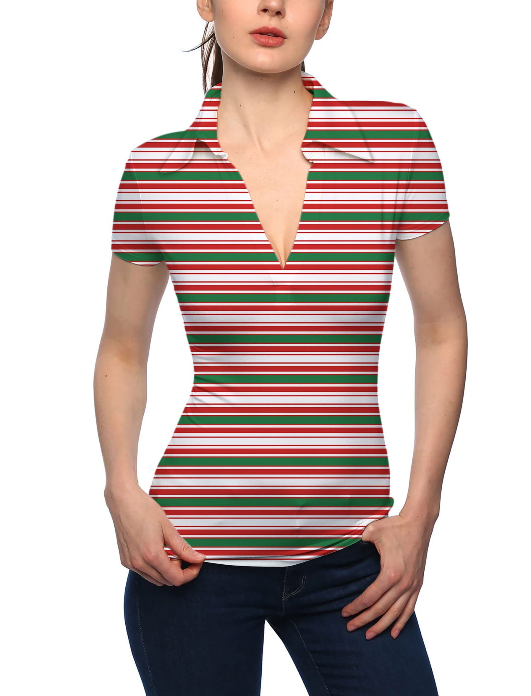 Women’s striped Christmas V neck golf polo shirt with short sleeves and stand collar, perfect for sports and casual wear