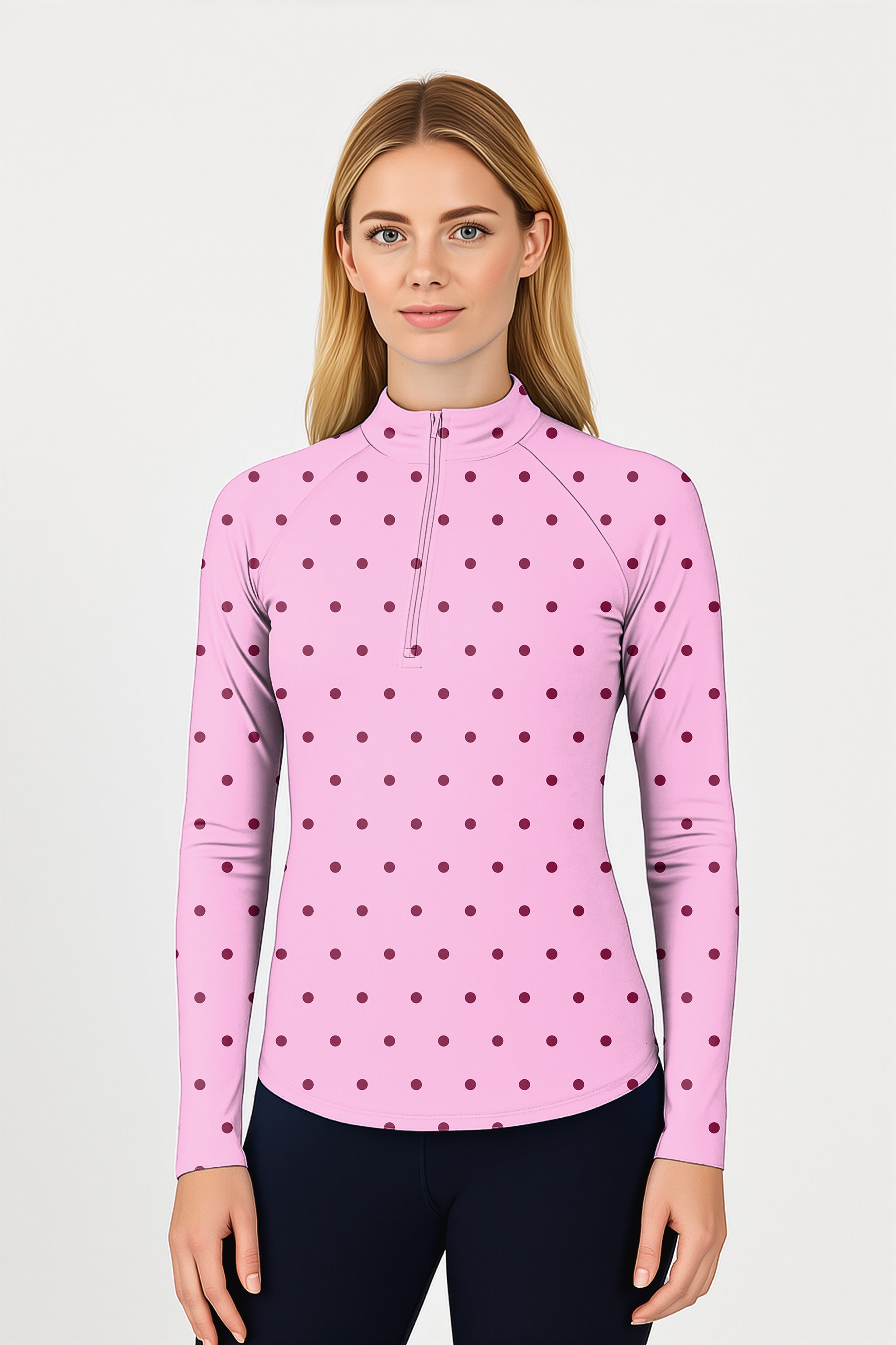 Pink Polka Dots Women's Golf Active 3/4 Zipper Top Long Sleeves