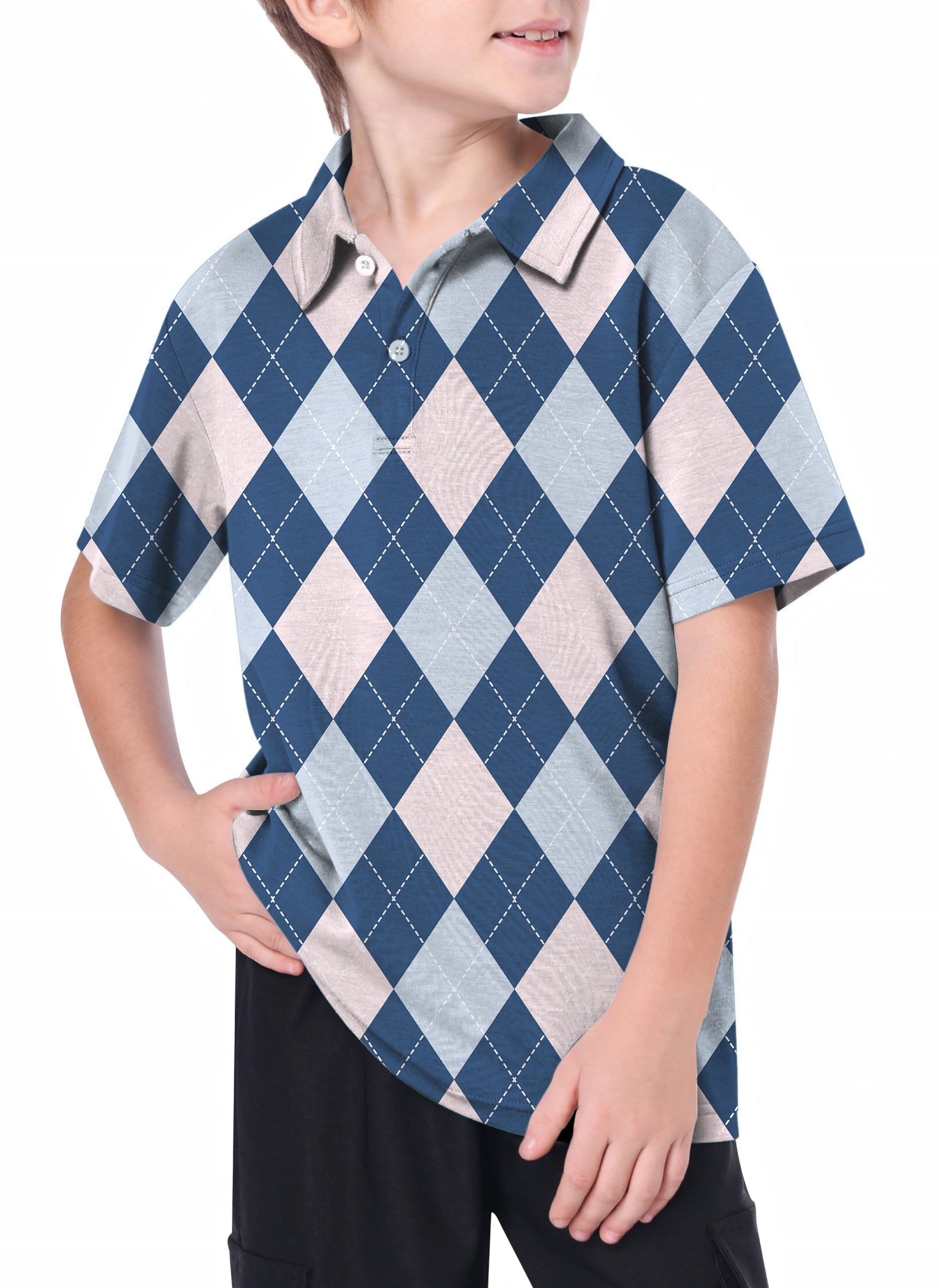 Youth blue argyle golf polo shirt with 4-way stretch and moisture-wicking fabric