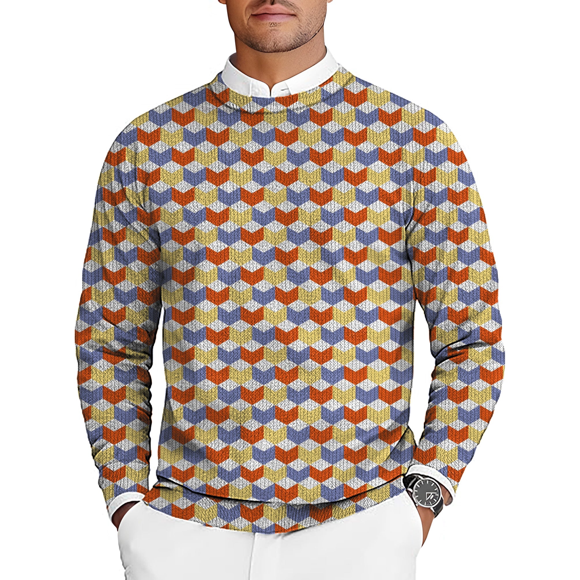 Men's golf crewneck pullover sweater with colorful 3D square box pattern