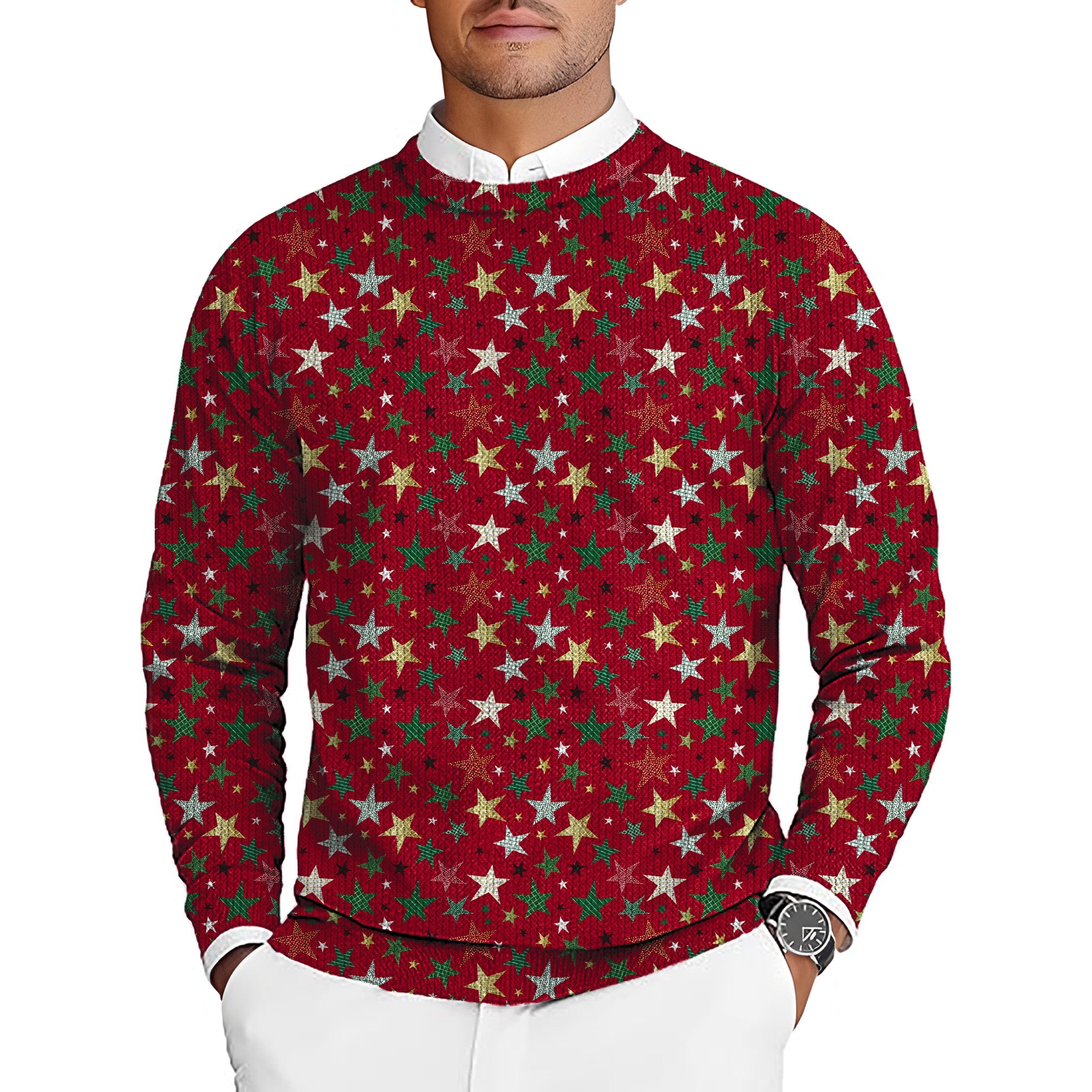 Colorful Stars Christmas men's golf crewneck pullover sweater with multicolored star pattern on red background