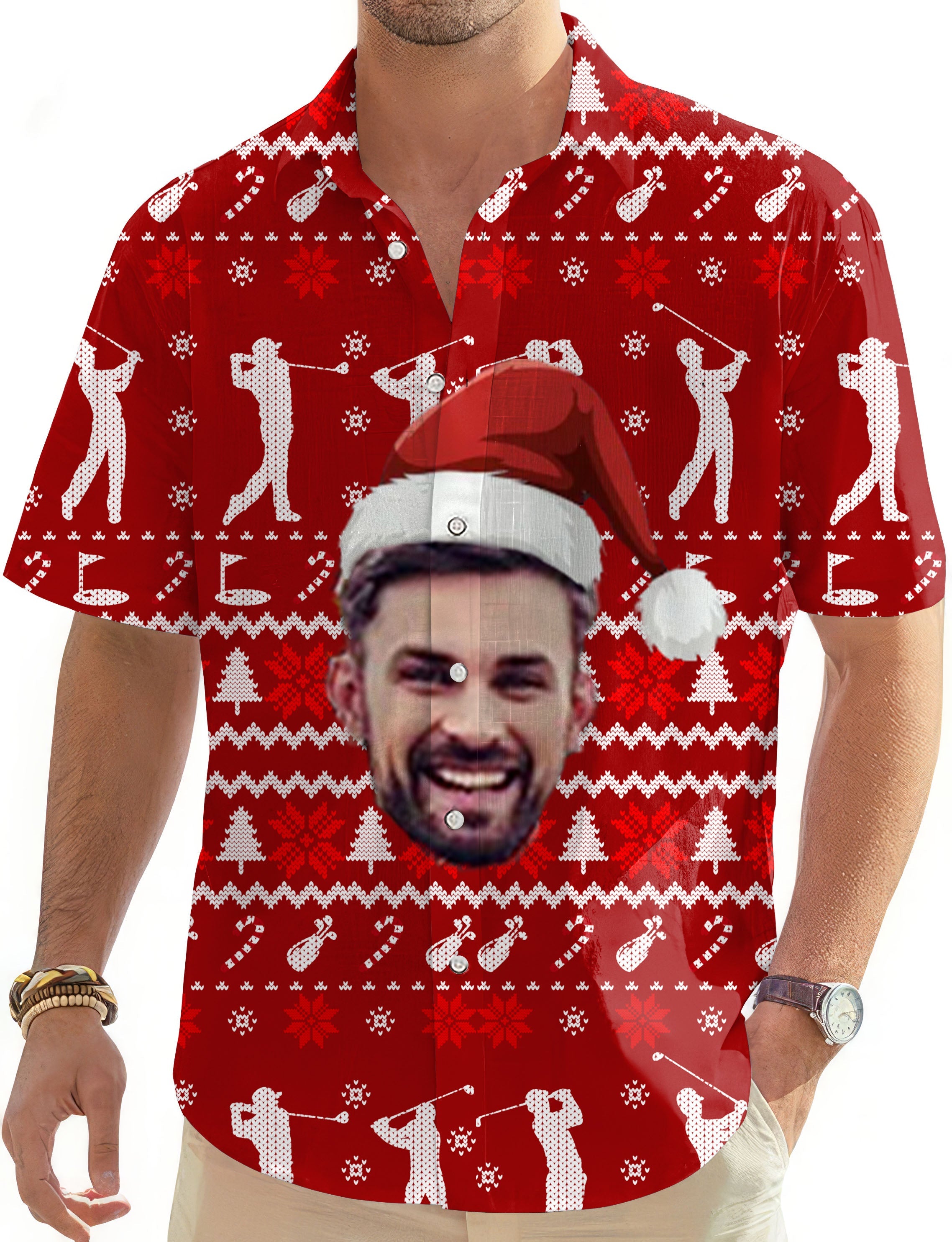 Custom face M-Christmas red men's golf Hawaiian shirt with holiday pattern and button down design