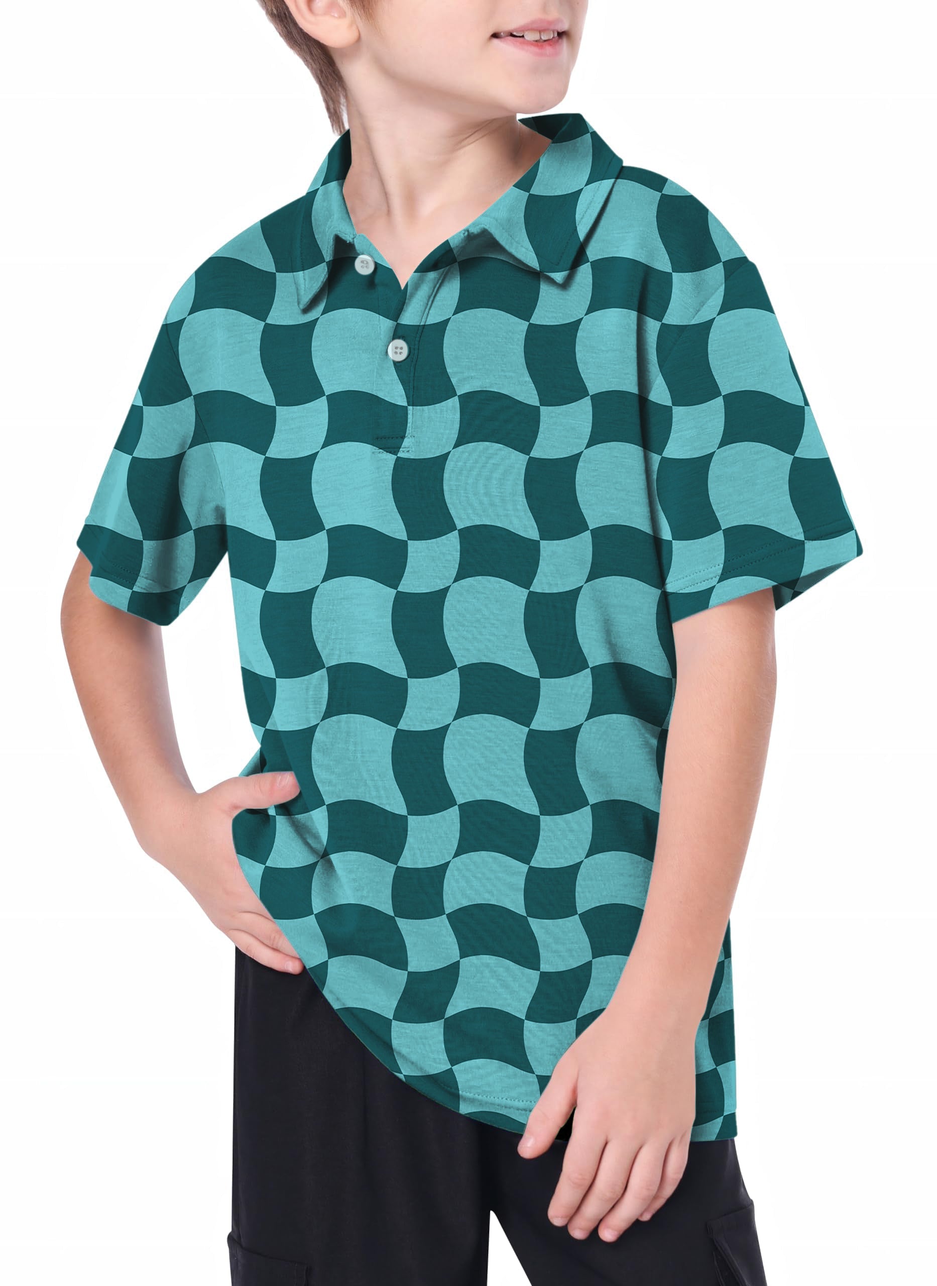 Youth boy wearing a teal wavy square pattern Youth Wavy SquareTanjirou Golf Polo with collar and short sleeves