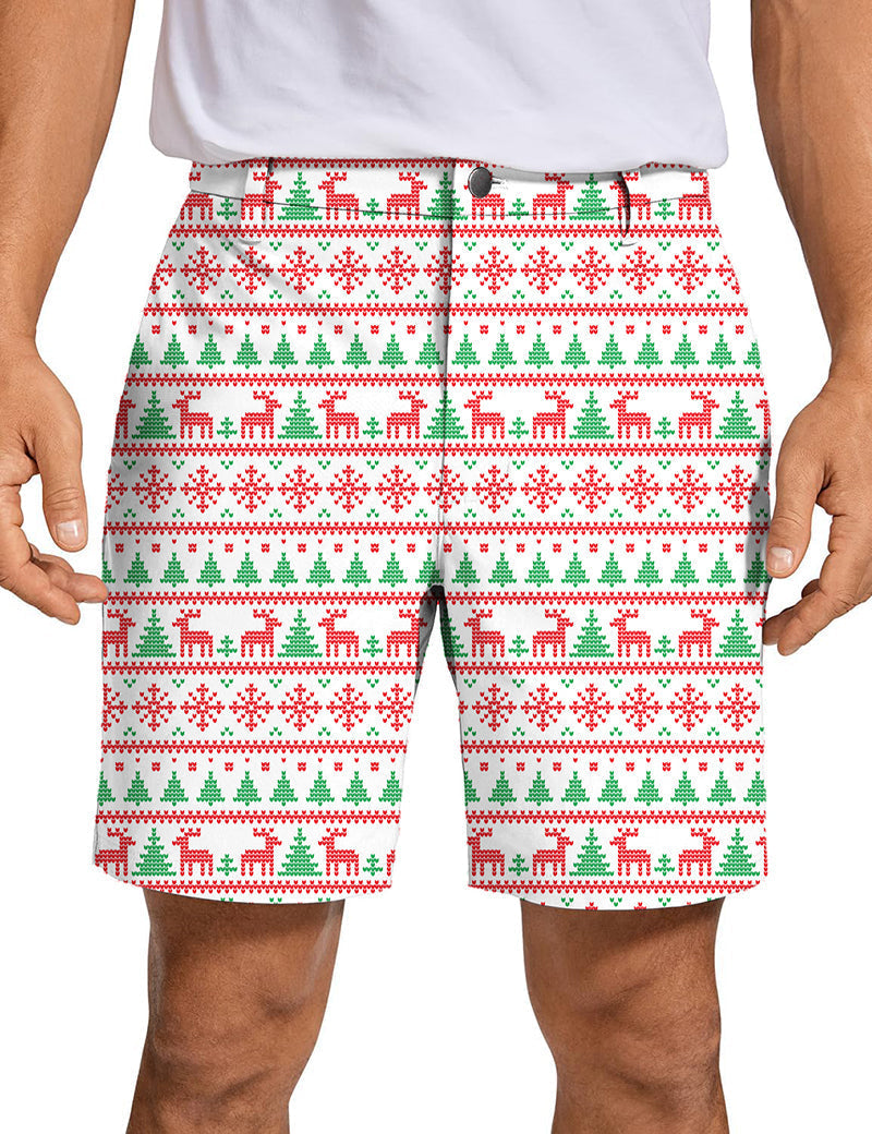 Men's Christmas red and blue tree patterned golf shorts with quick-dry, breathable fabric and lightweight stretch design