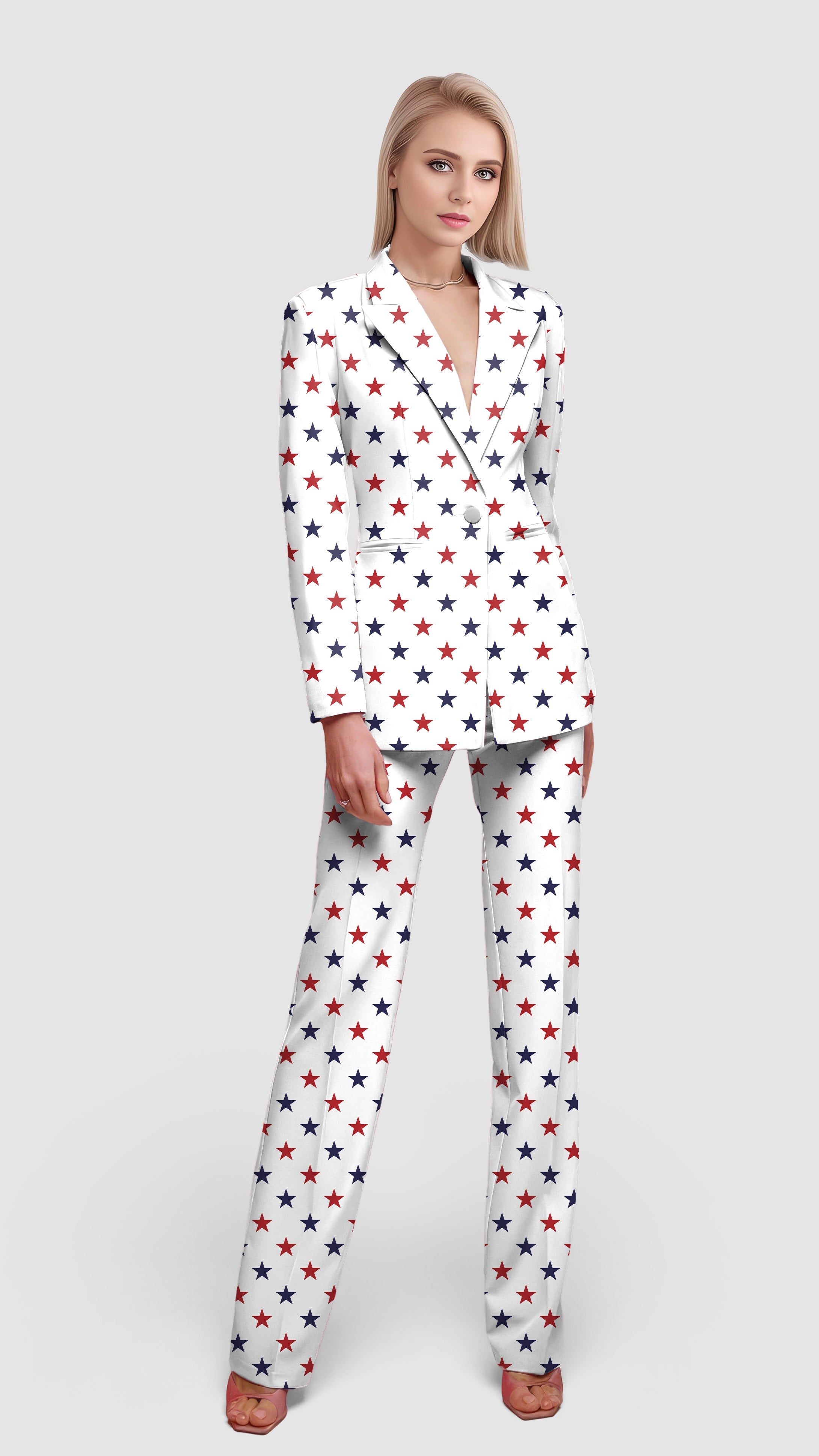 Women's US Flag Stars blazer and pants suit set for casual work and office style