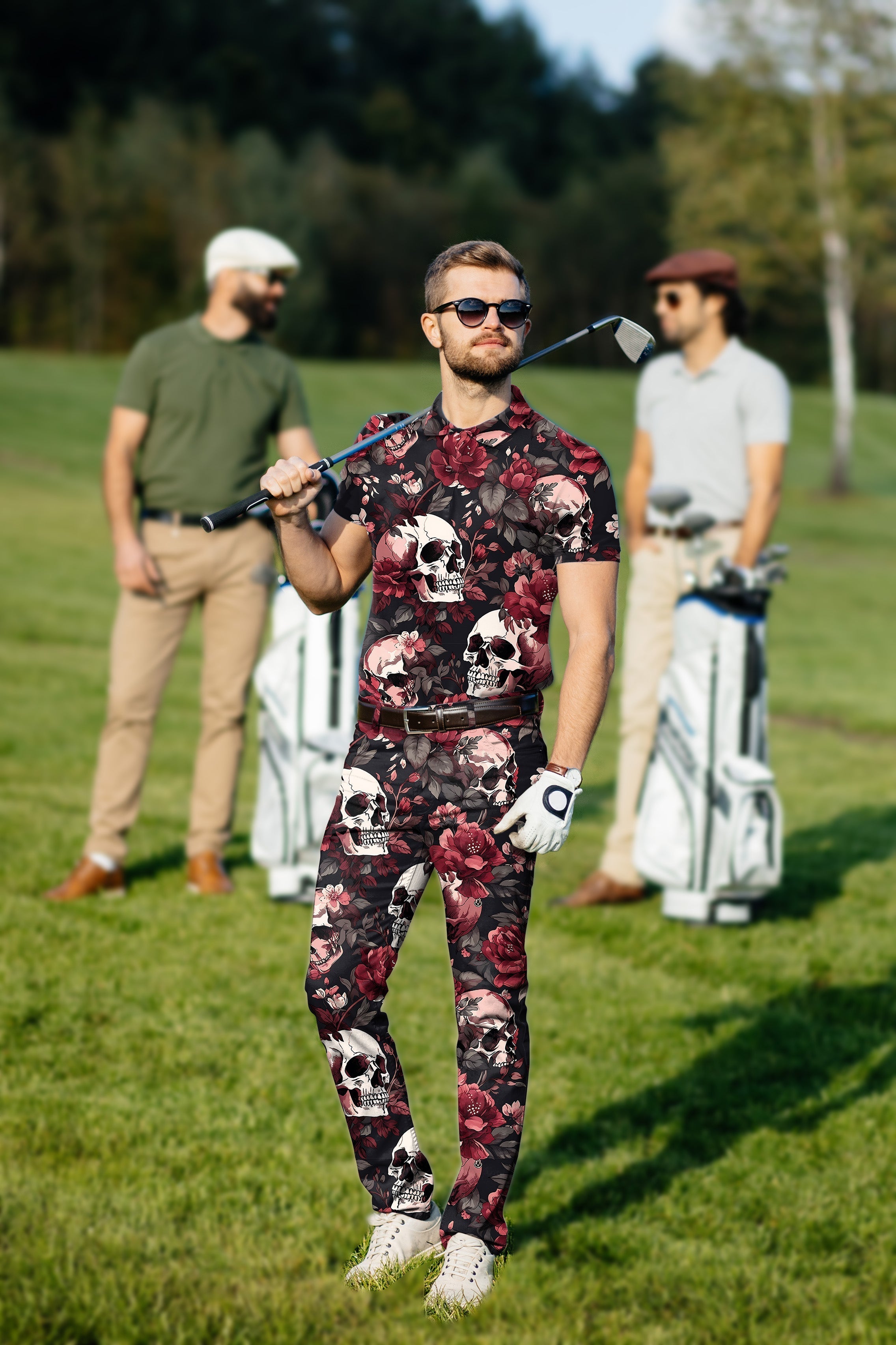 Men's golf set with Halloween floral skull design, stretchy moisture-wicking fabric, wrinkle-resistant, UPF 40+ protection, classic fit polo and pants.