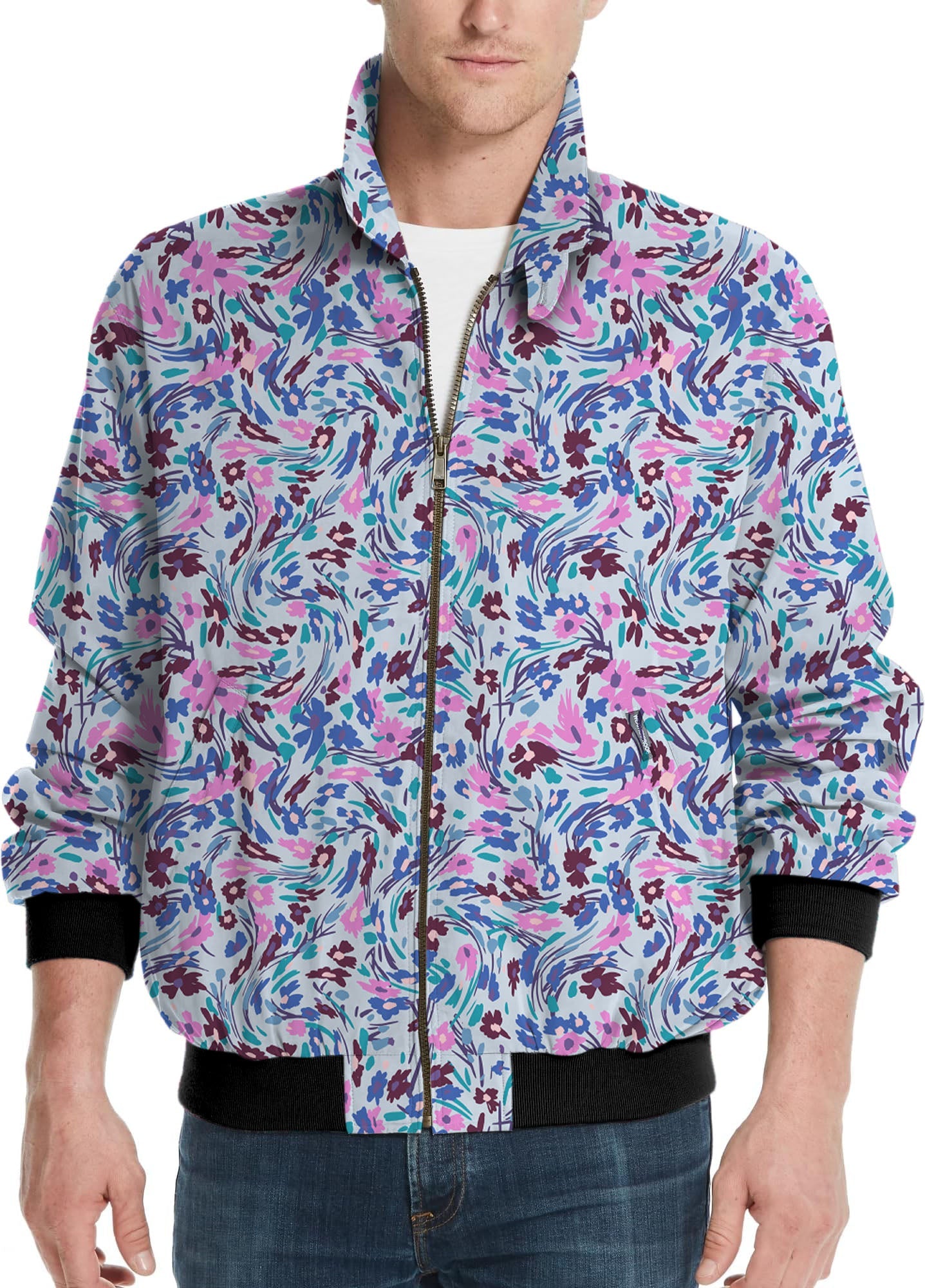 Men's summer floral golf windbreaker jacket with colorful floral pattern and zip-up front