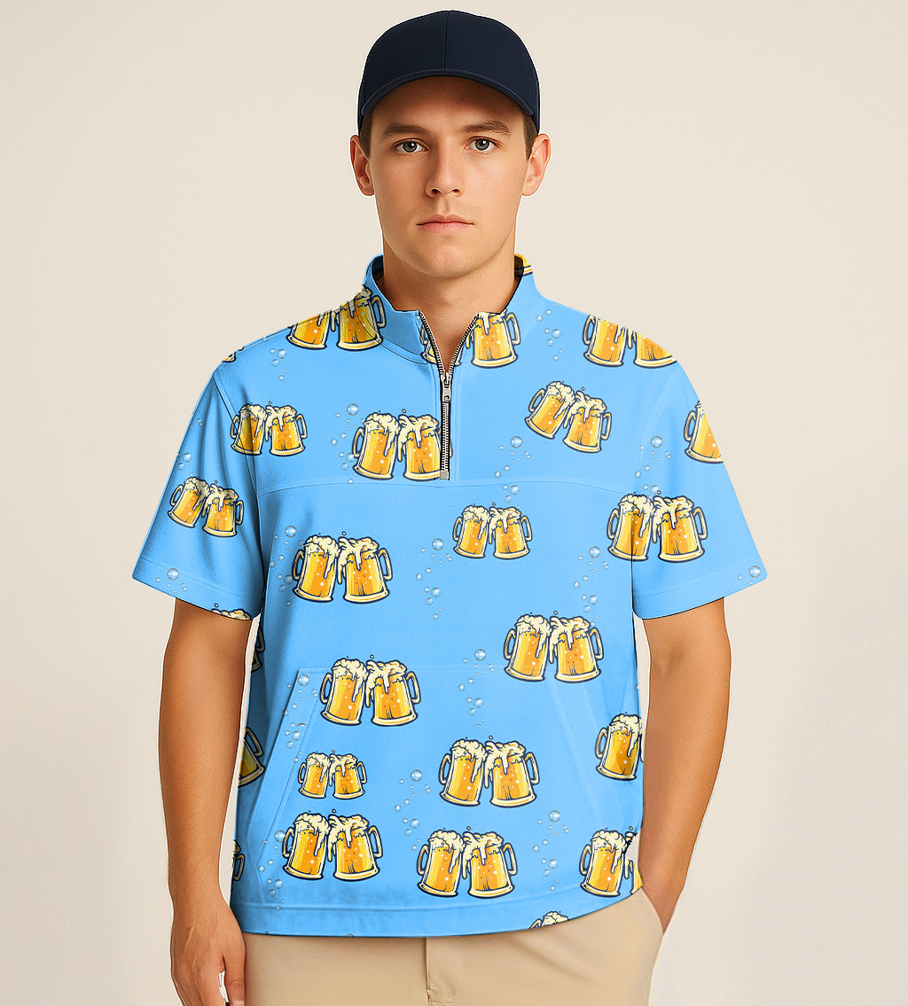 Half zipper turtleneck golf shirt with cheers beer embroidery and short sleeves