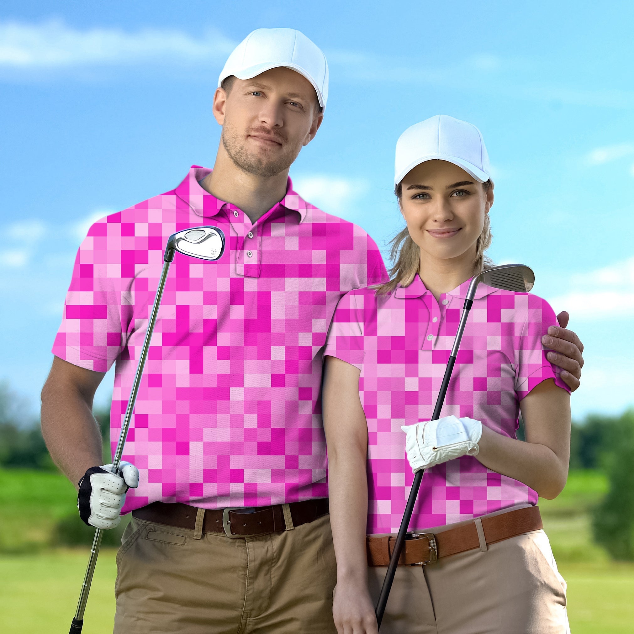 Couple wearing rose red pixel patterned golf shirts holding clubs on golf course