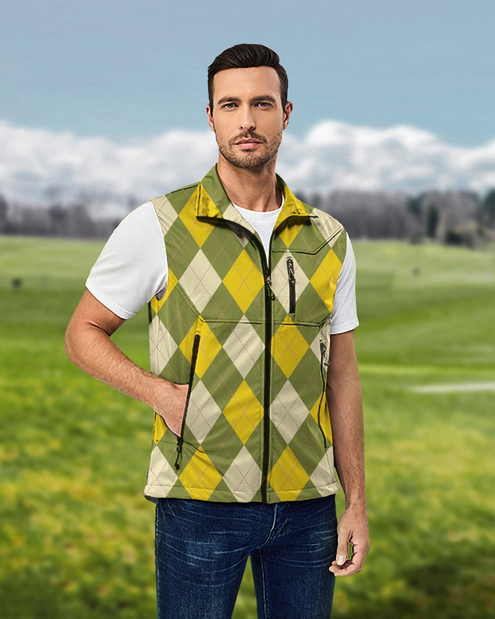 Men's Yollow Argyle lightweight sleeveless softshell vest for golf, windproof and waterproof jacket