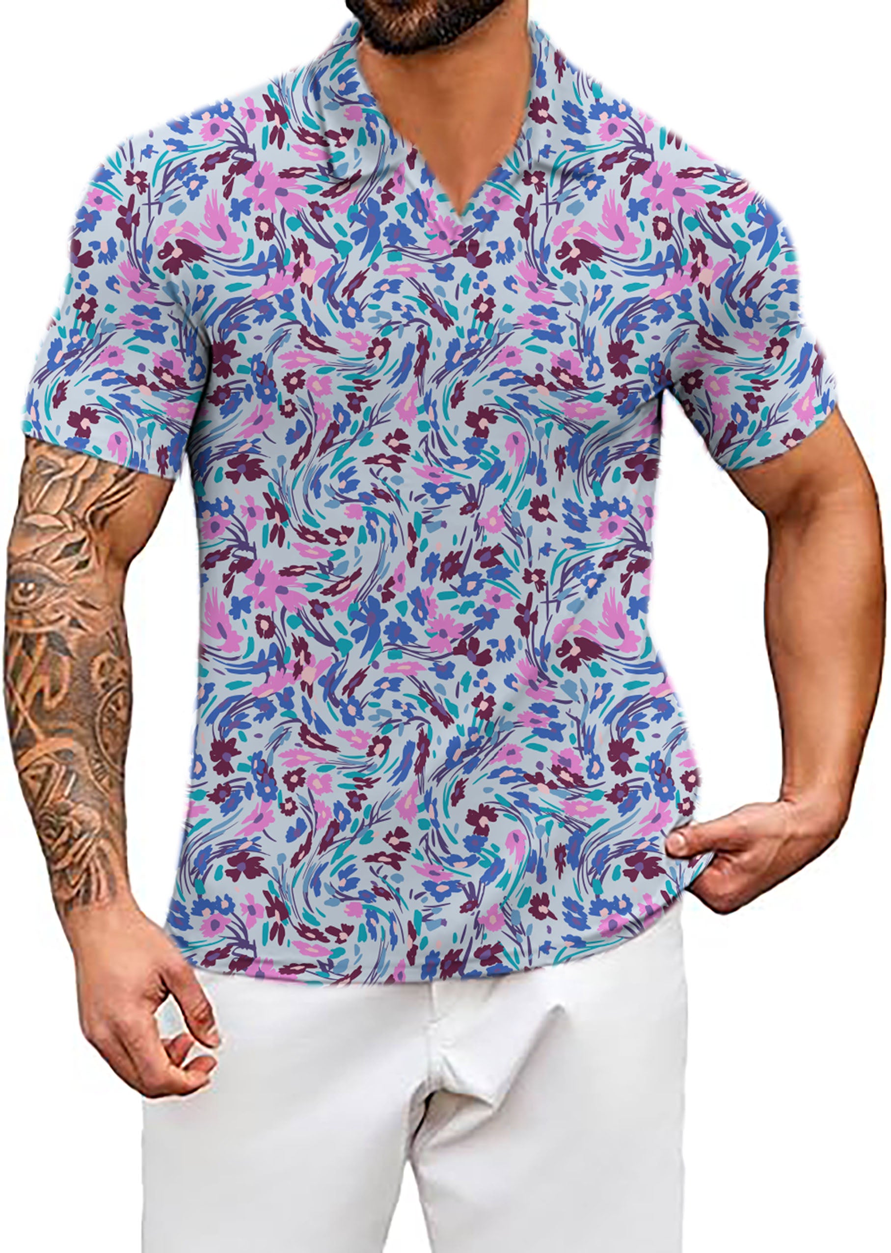Men's summer floral V Neck Golf Polo Shirts