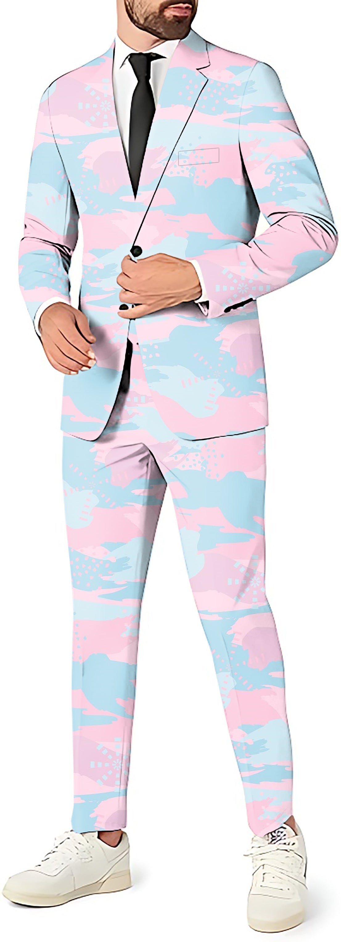 URBAN INSPIRED men's pastel pink and blue camo slim fit party suit with blazer, vest, and pants