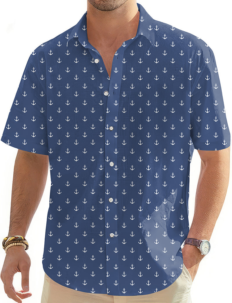 Navy anchor men's golf Hawaiian shirt with button-down and short sleeves