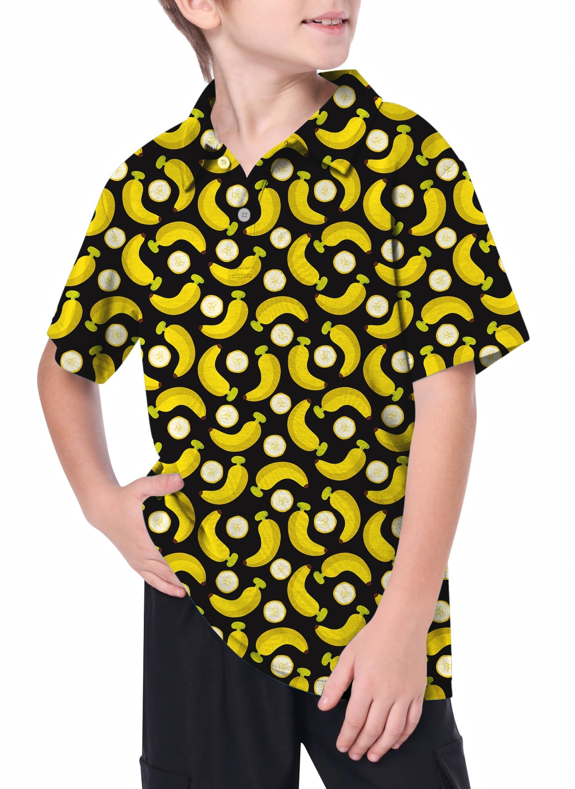 Youth golf polo with Halloween banana and banana peels pattern, moisture-wicking and wrinkle-resistant design