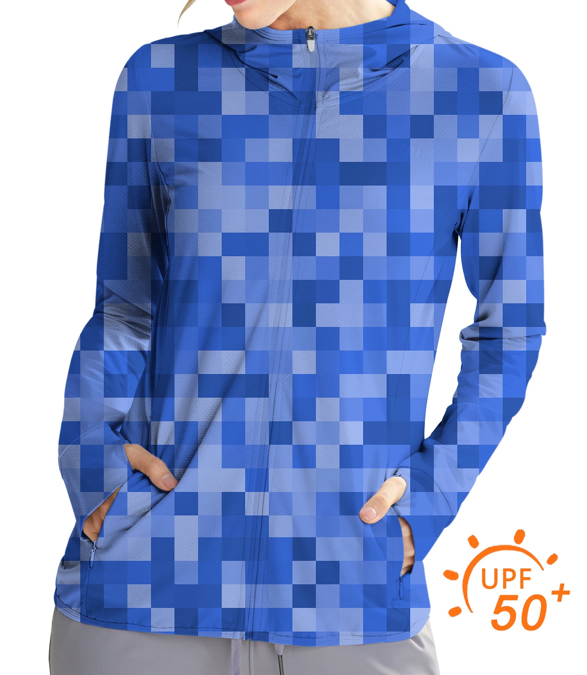 Women's navy blue pixel pattern golf sun protection slim fit zip hoodie with thumb holes and UPF 50+ fabric