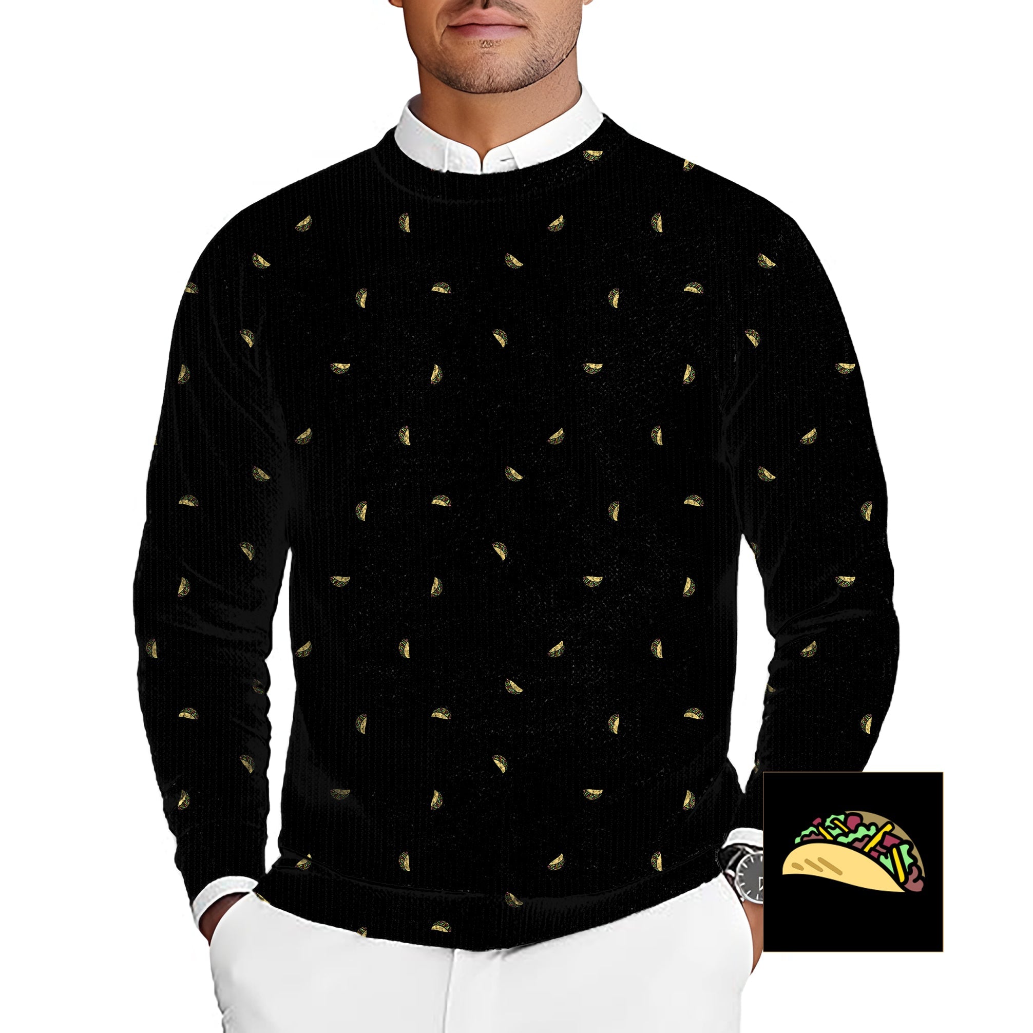 Men's black Taco Custom The Background Color golf crewneck pullover sweater with taco pattern