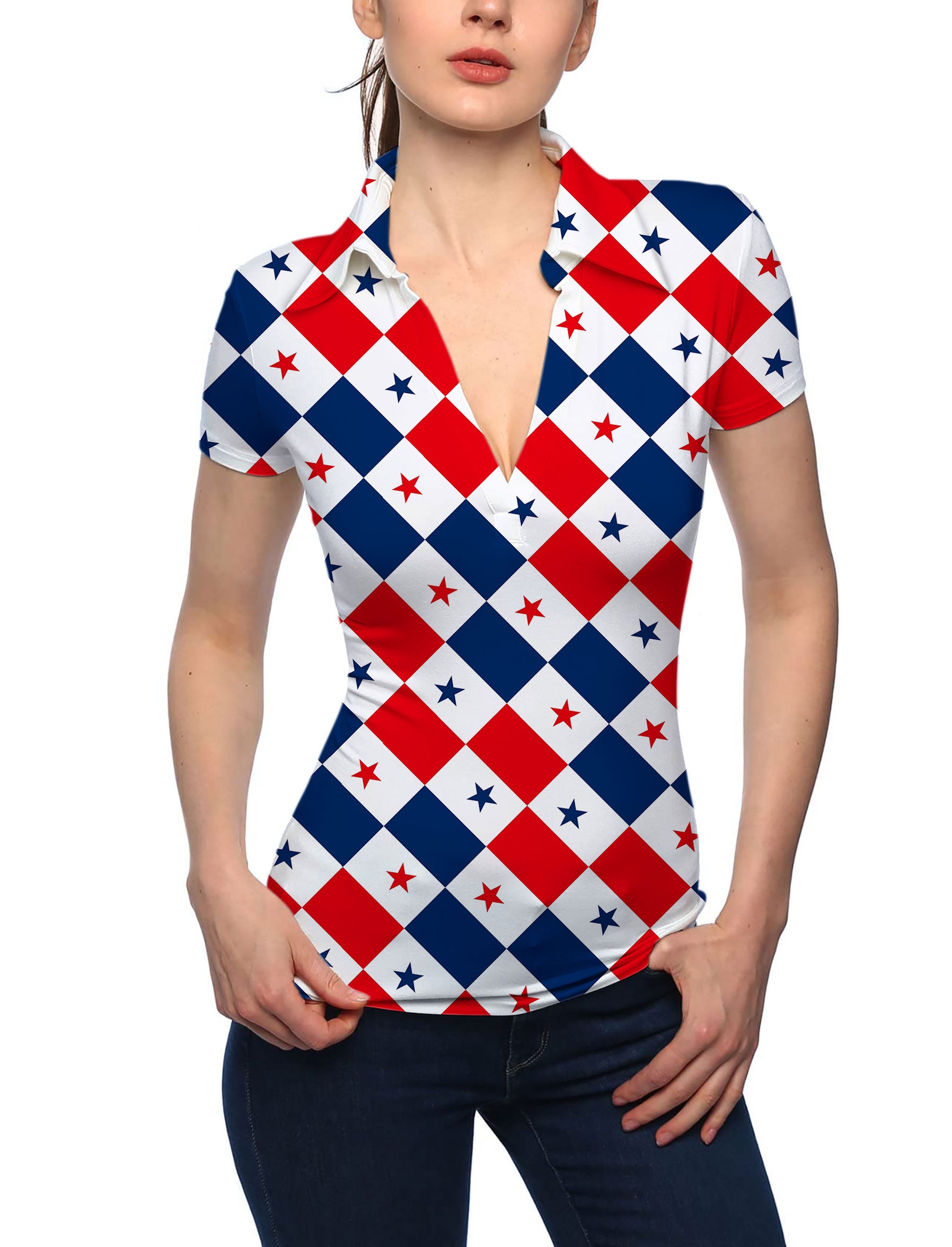 Women's Argyle US Star flag V Neck Golf Polo