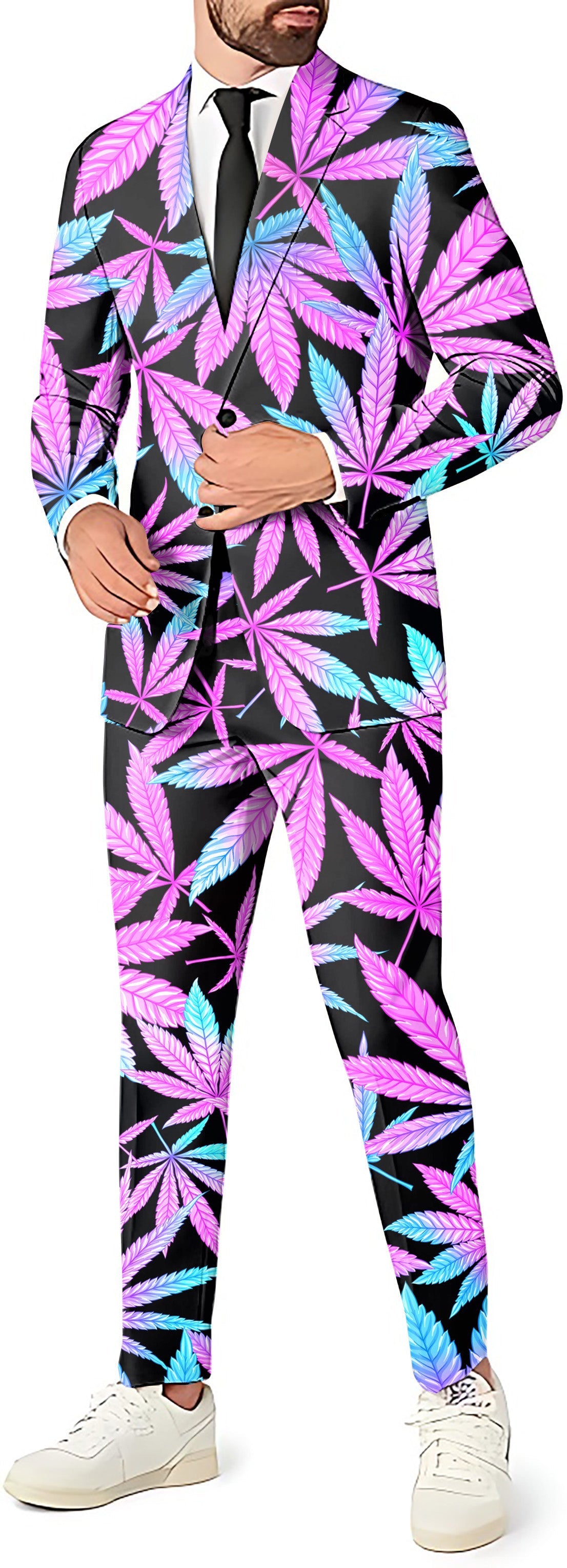 Purple Dreams Men's party suit with pink and blue leaf pattern blazer, vest, and pants set