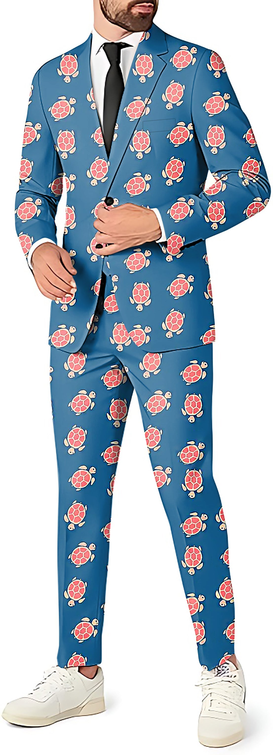 Blue turtle pattern men's party suit with blazer, pants, and vest set