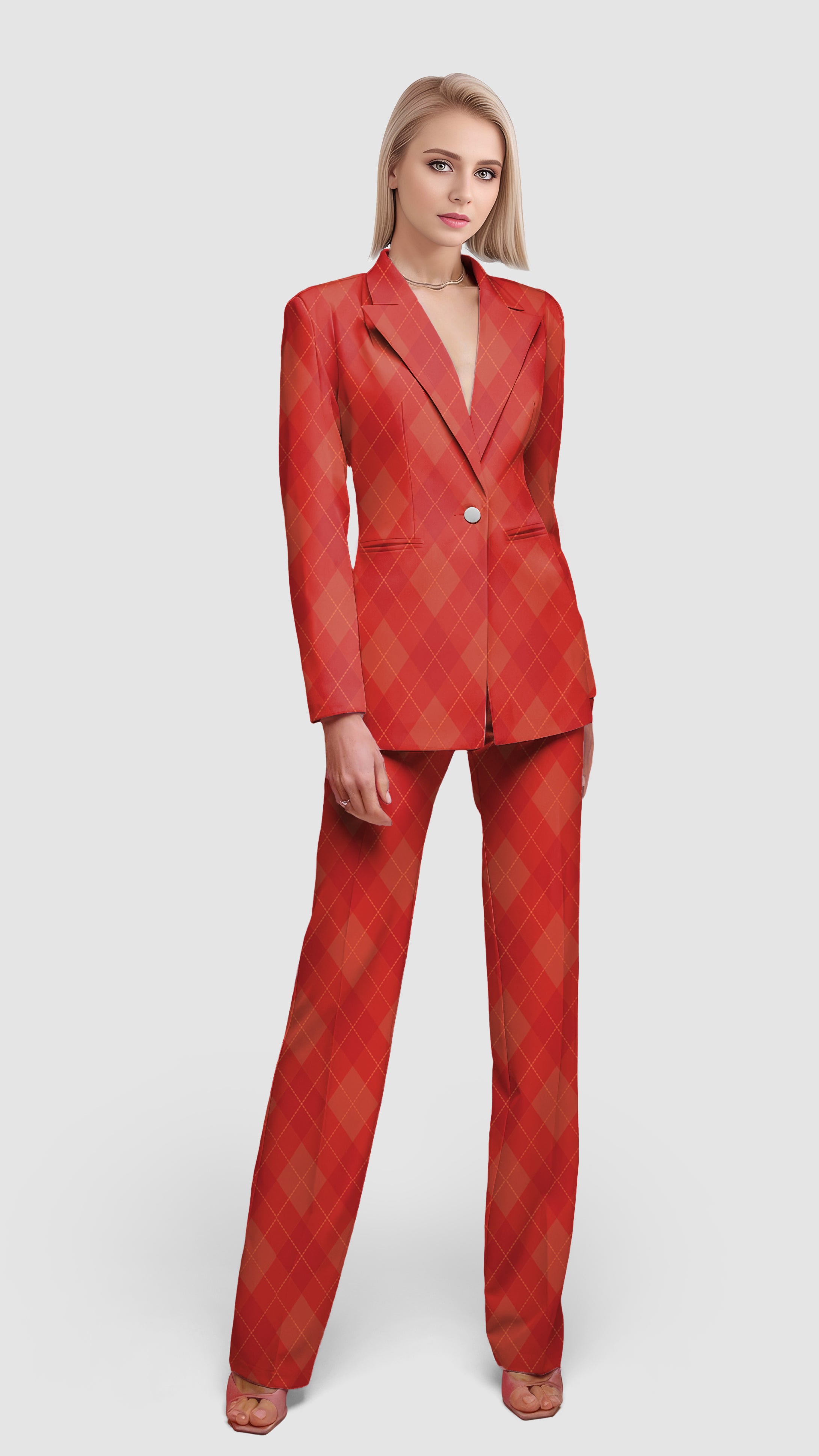 red Argyle-Women's Blazer Casual Work Office Blazer Suit set