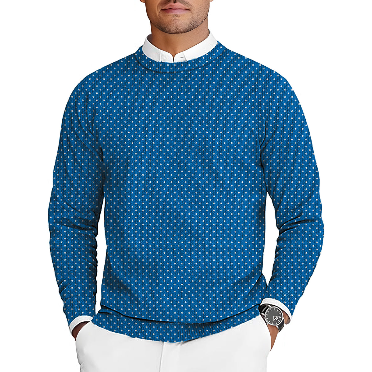 Sky blue with white polka dots Men's Golf Crewneck Pullover Sweaters Ugly Sweater