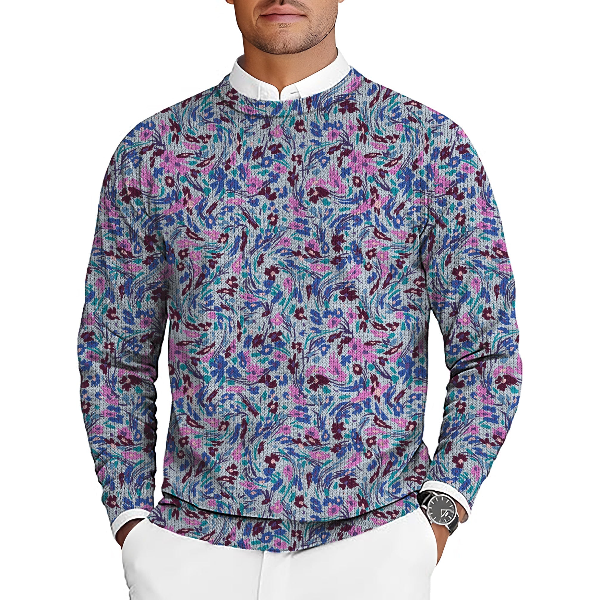 summer floral men's golf crewneck pullover sweater with colorful floral pattern