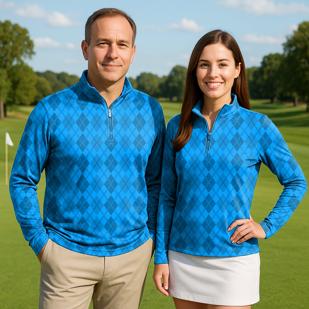 Argyle Blue Grid couple golf active 3/4 zip tops with long sleeves on golf course
