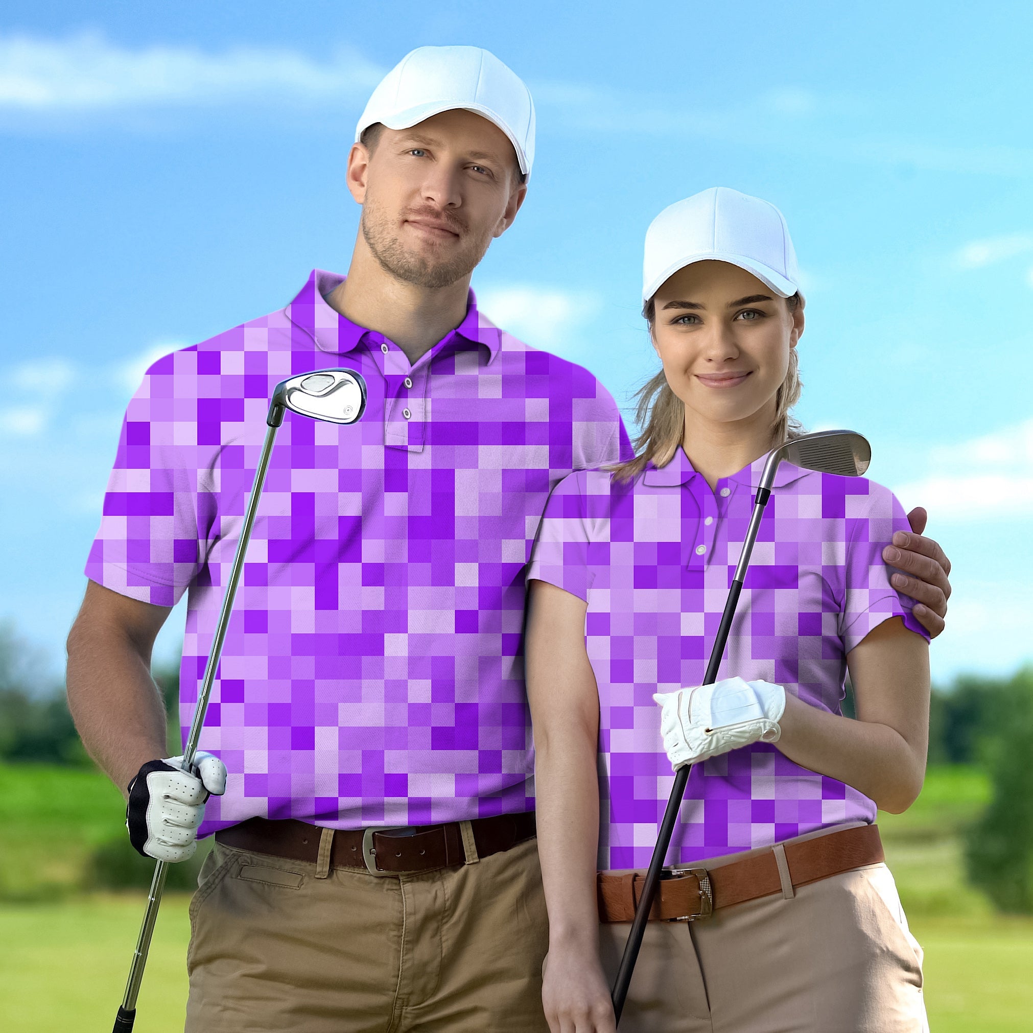 Couple wearing purple pixel pattern golf shirts holding clubs on course