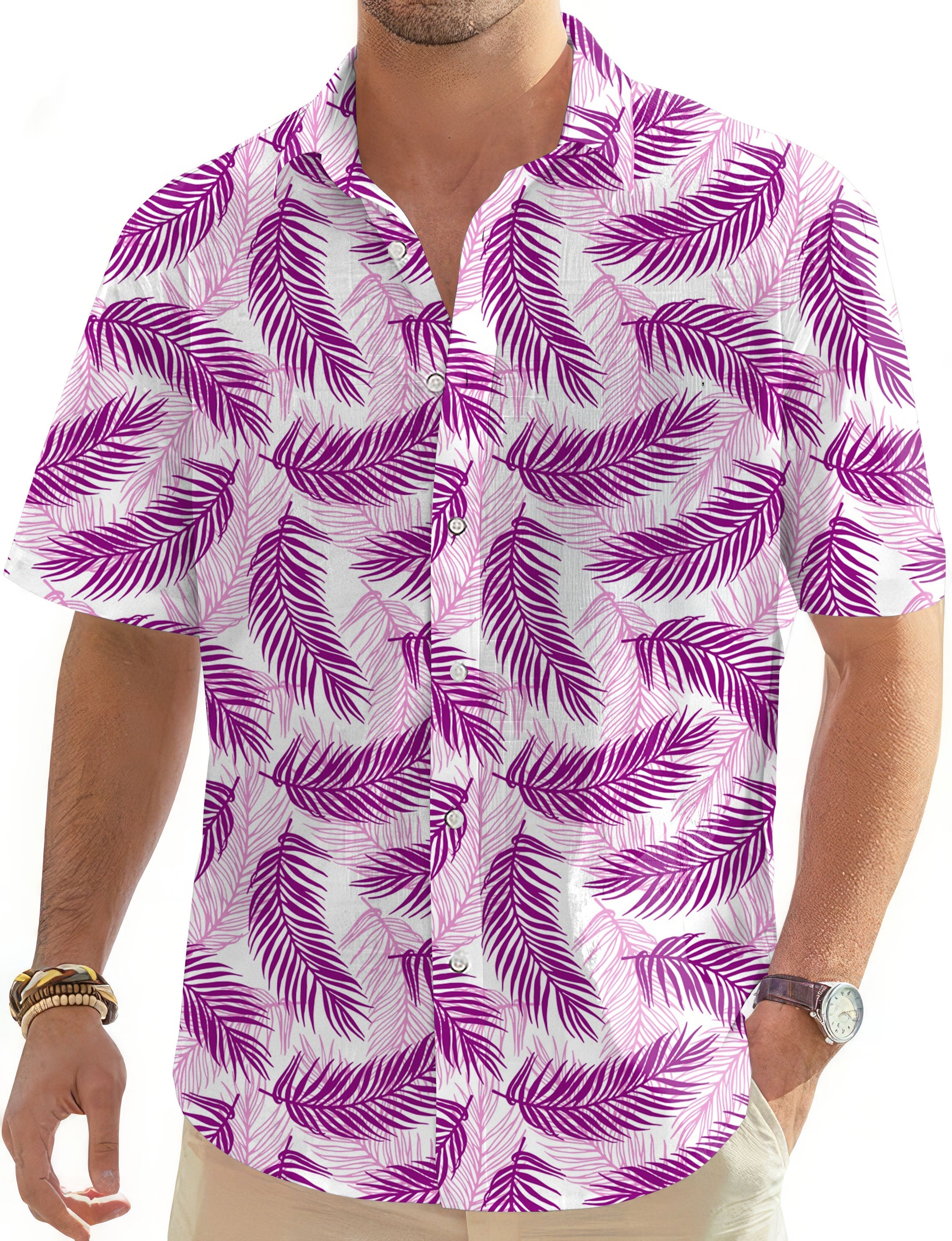 Men's Purple Palms Hawaiian golf shirt with button-down collar and short sleeves