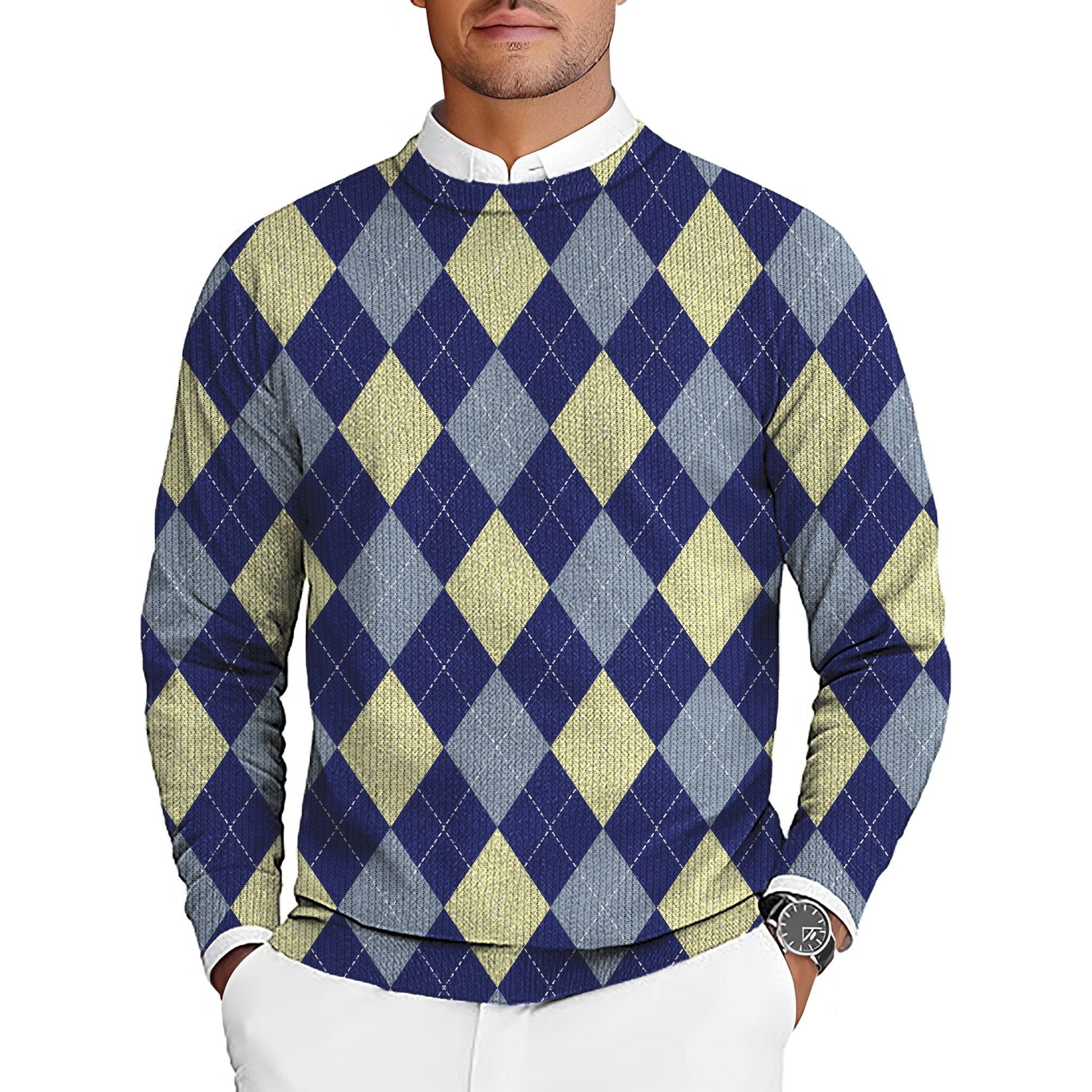 blue Argyle men's golf crewneck pullover sweater with diamond pattern