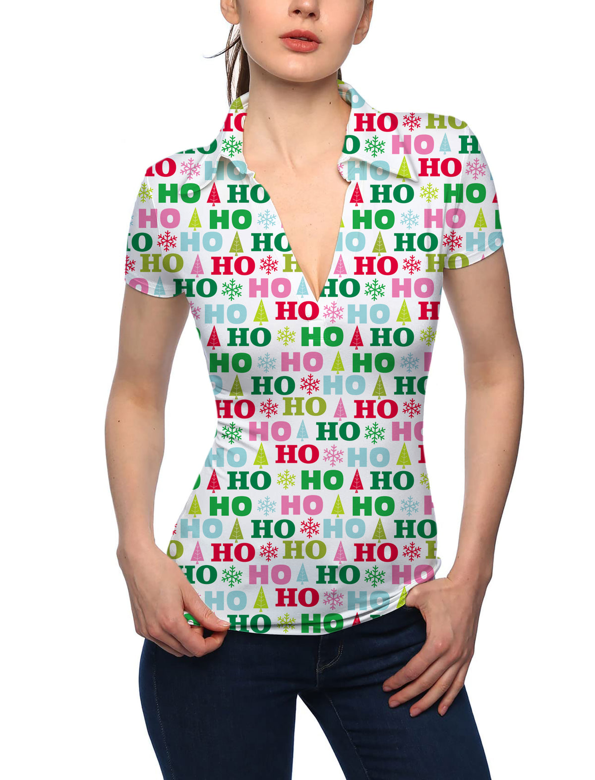 Women's Christmas HO V Neck Golf Polo