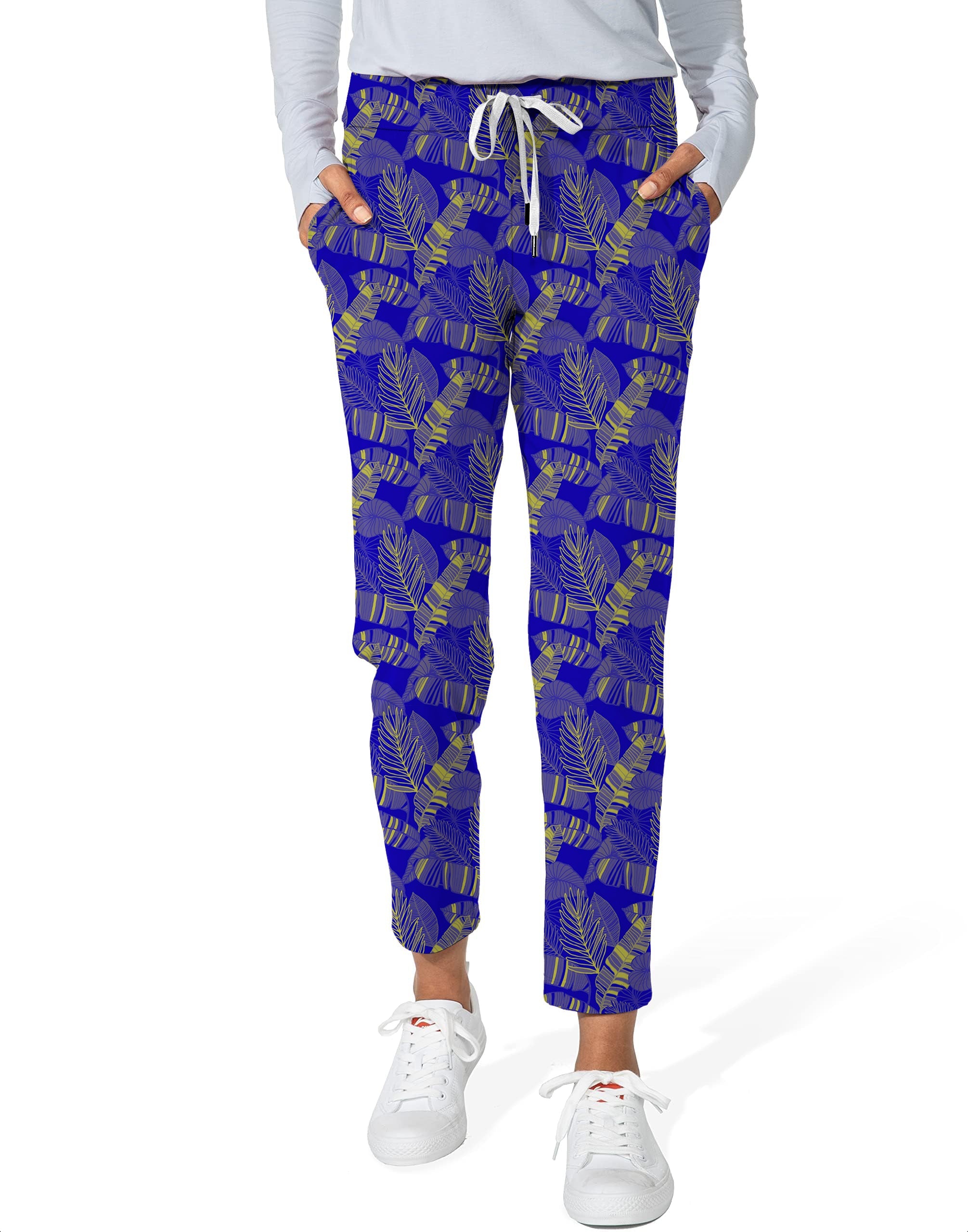 Women's 7/8 stretch ankle golf pants with blue and yellow leaf pattern