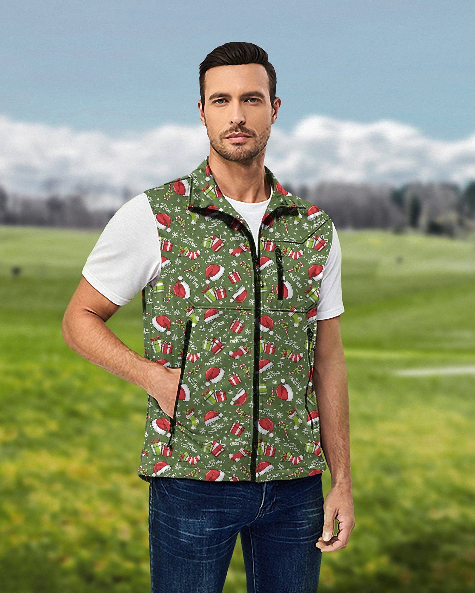 Men's Very Merry XMAS lightweight softshell vest sleeveless golf jacket with festive print and waterproof design