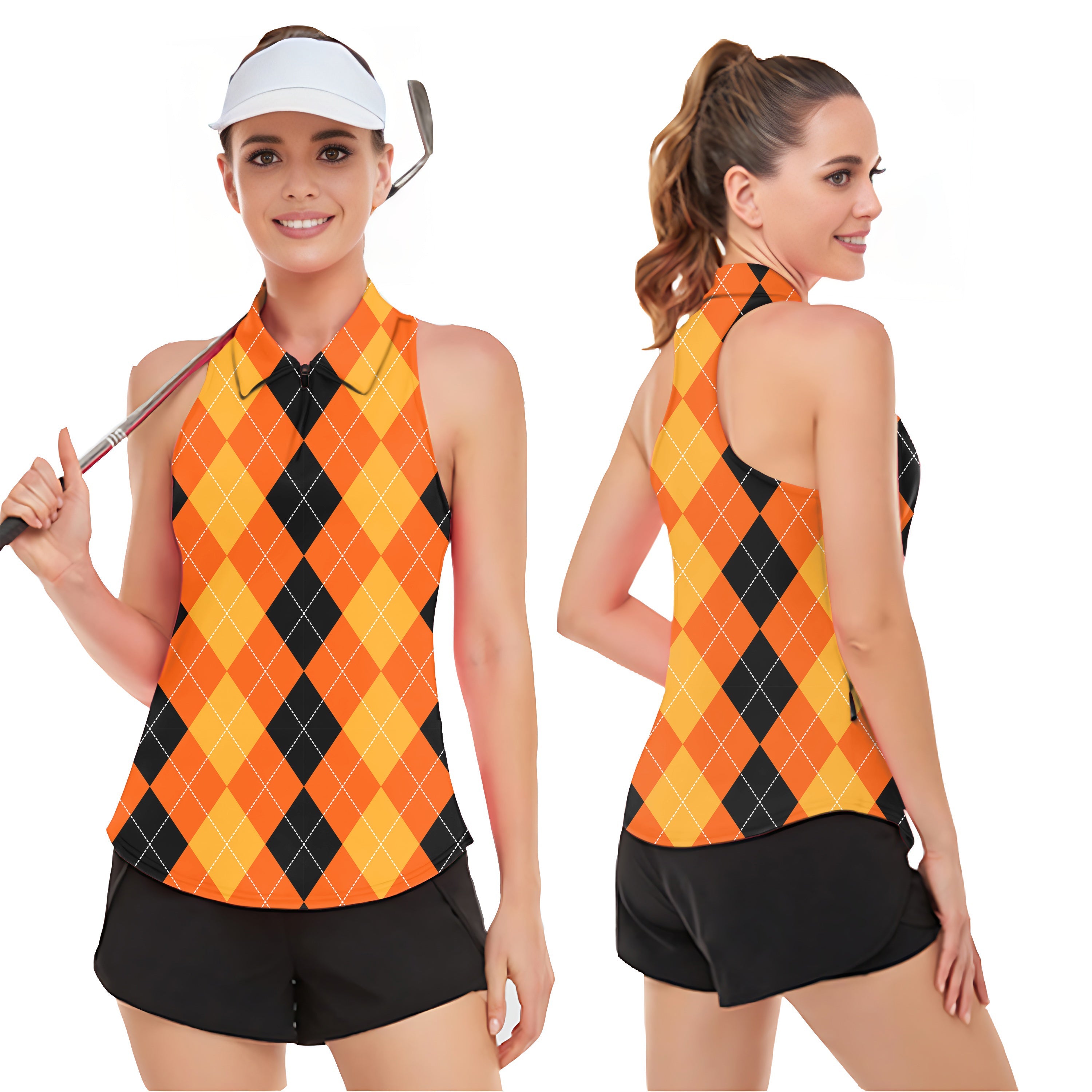 Halloween black yellow orange argyle sleeveless women's golf tank top polo with breathable moisture-wicking fabric and UPF50+ sun protection