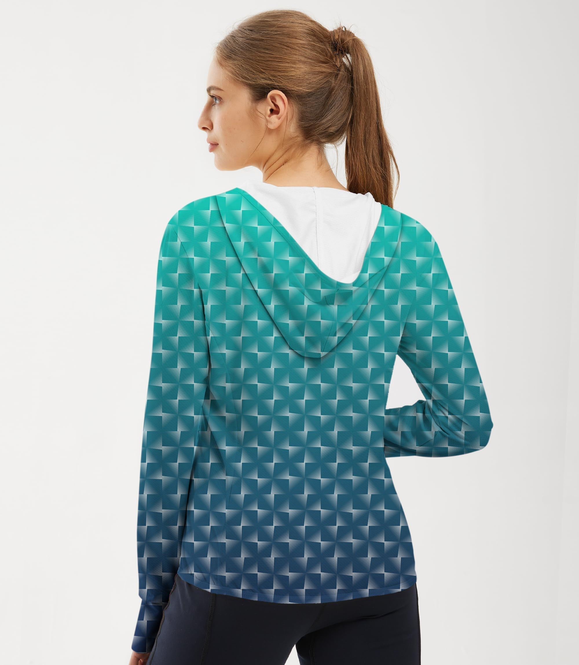 Women's outdoor cyan gradient slim fit zip hoodie with sun protection and breathable fabric